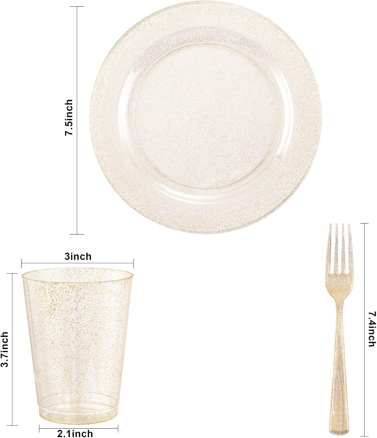 WELLIFE 50 platos de ensalada con purpurina dorada con 50 tenedores de plástico y 50 vasos desechables con purpurina dorada de 9 onzas, platos de