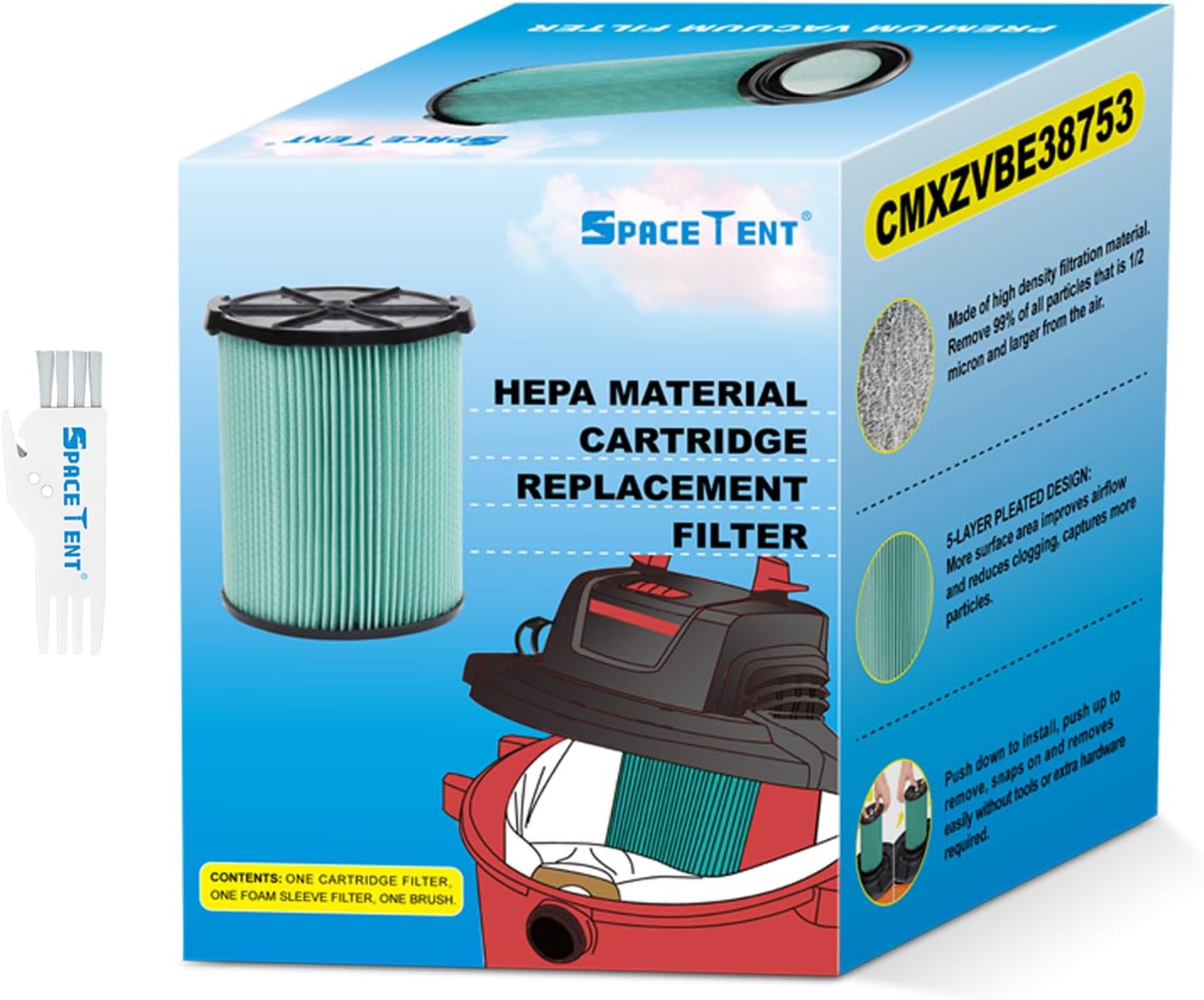 SpaceTent Paquete de 1 filtro de cartucho de repuesto HEPA CMXZVBE38753 para aspiradora CRAFTSMAN de 5 a 20 galones, parte # 9-38753, 38753