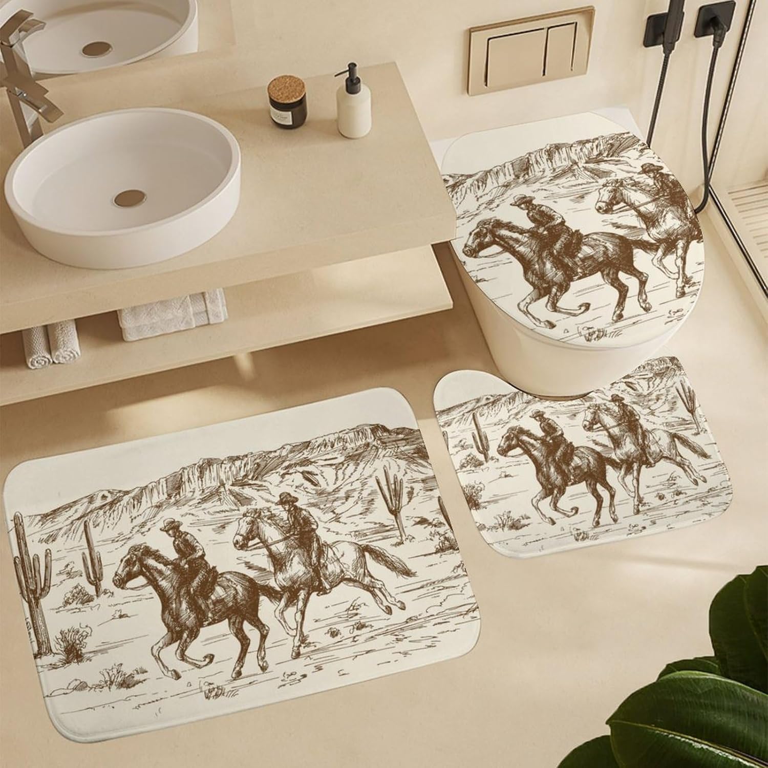 American Wild West Cowboys – Juego de 3 alfombras de baño de terciopelo coral con temática de país occidental, antideslizante, absorbente, en forma