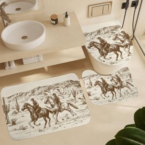 American Wild West Cowboys – Juego de 3 alfombras de baño de terciopelo coral con temática de país occidental, antideslizante, absorbente, en forma American Wild West Cowboys – Juego de 3 alfombras de baño de terciopelo coral con temática de país occidental, antideslizante, absorbente, en forma