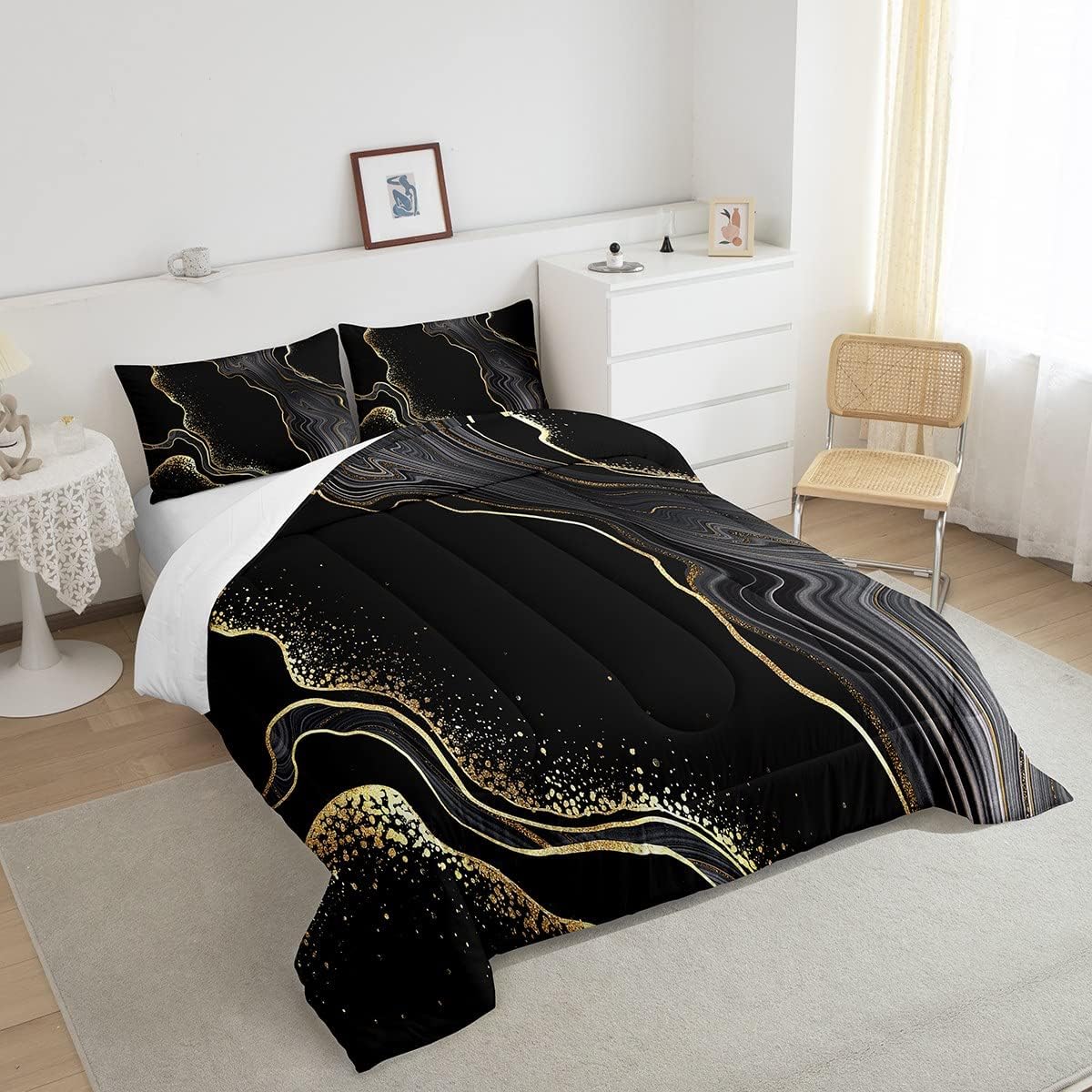 Erosebridal Juego de edredón de mármol negro y dorado, tamaño Queen, juego de ropa de cama de mármol con purpurina, líneas doradas y blancas,