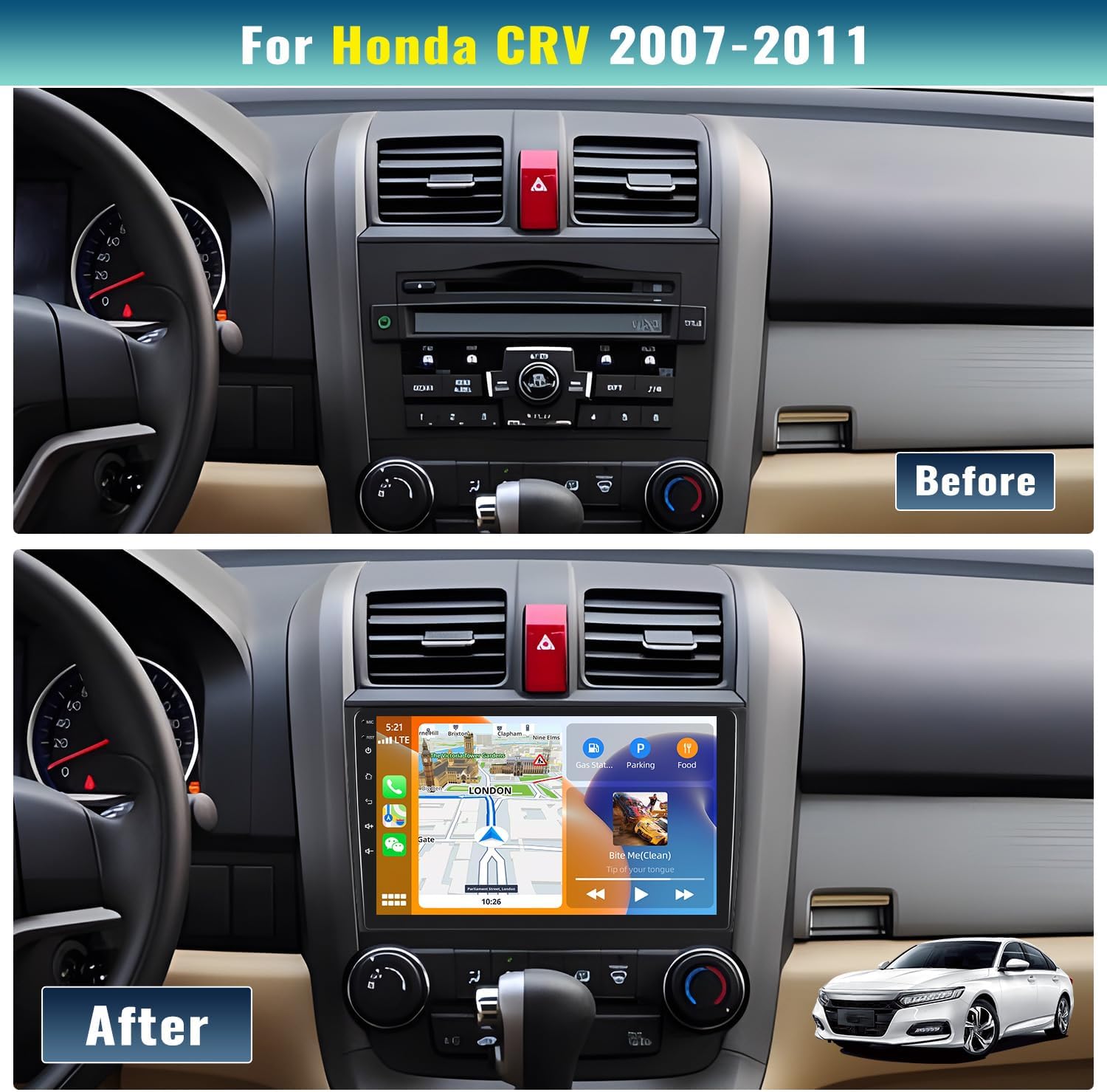 Reproductor MP5 estéreo para Honda CRV 2007-2011 Radio de coche con Apple Carplay Android Auto Mirror Link, 9 pulgadas pantalla táctil Radio de
