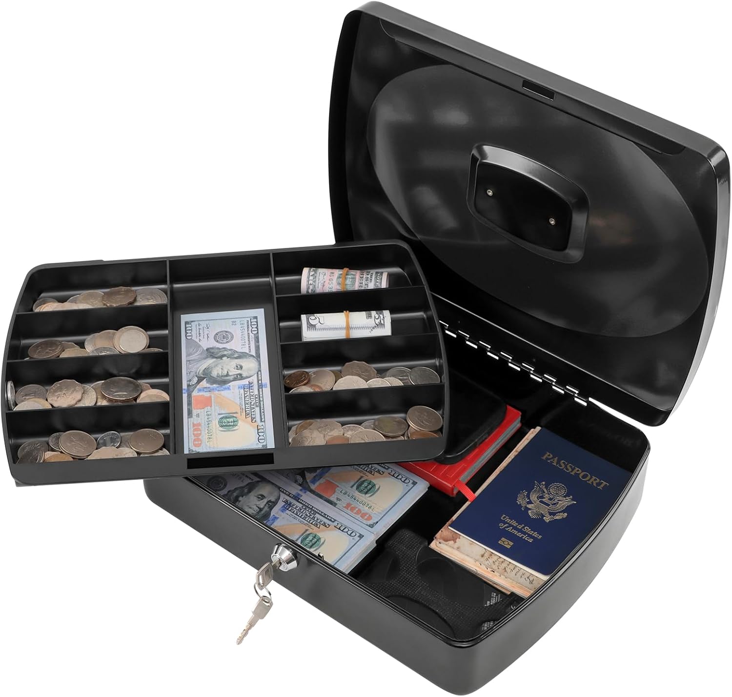 xydled Caja de efectivo con bandeja de dinero y cerradura de llave, organizador de metal para ahorro de dinero, caja fuerte, cajón ovalado para caja
