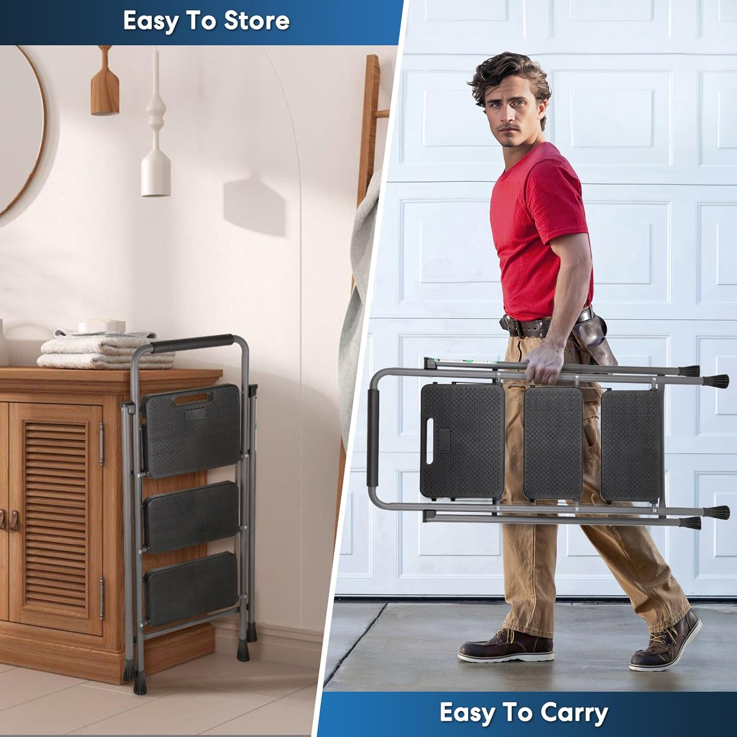 Escalera de 3 escalones, taburete plegable para adultos con asa, escalera de acero ligera y resistente con pedal antideslizante ancho, perfecto para