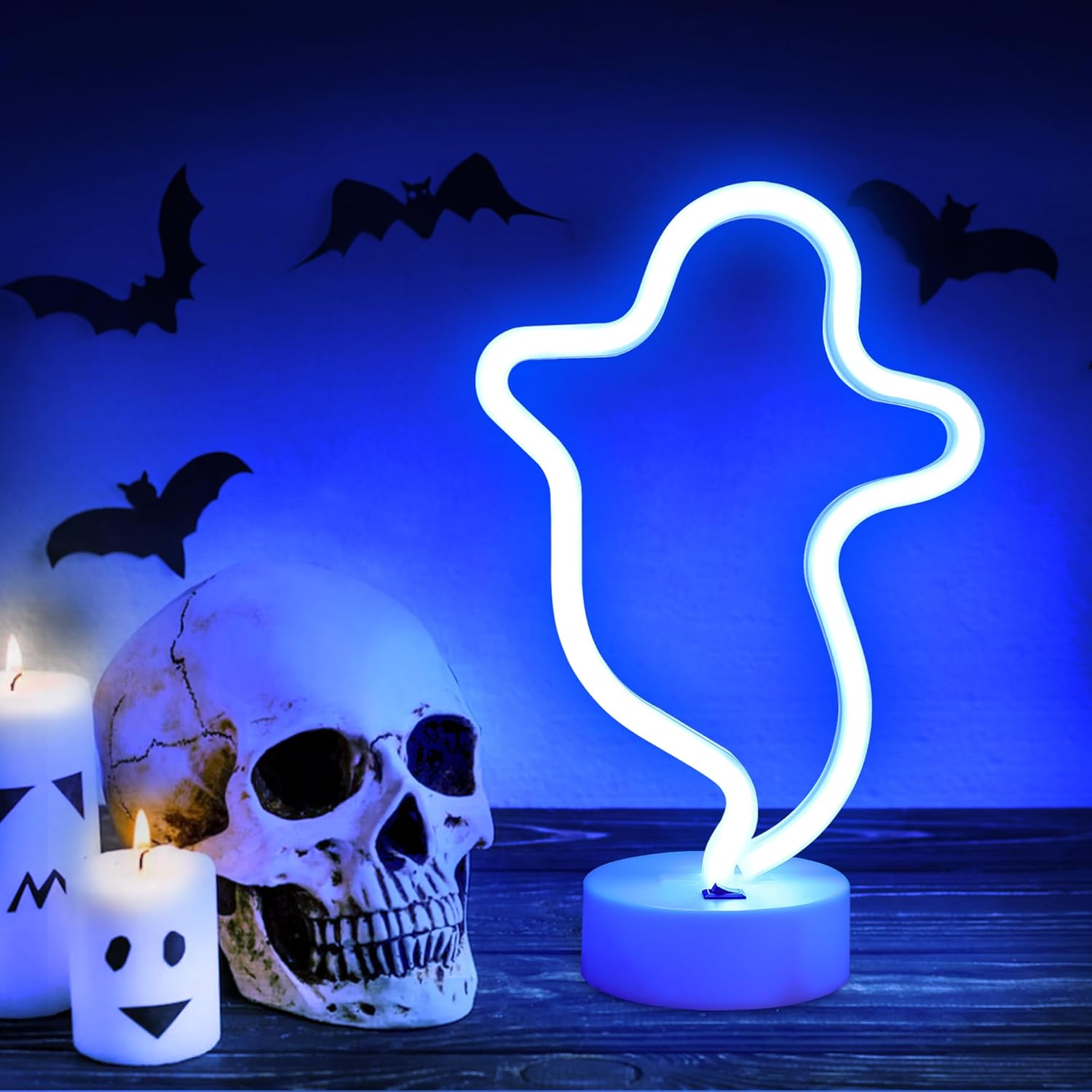 Luz de neón fantasma, luz de neón con pilas USB o 3 AA, decoración de mesa de luces LED, decoración de pared para dormitorio de niñas, regalo de