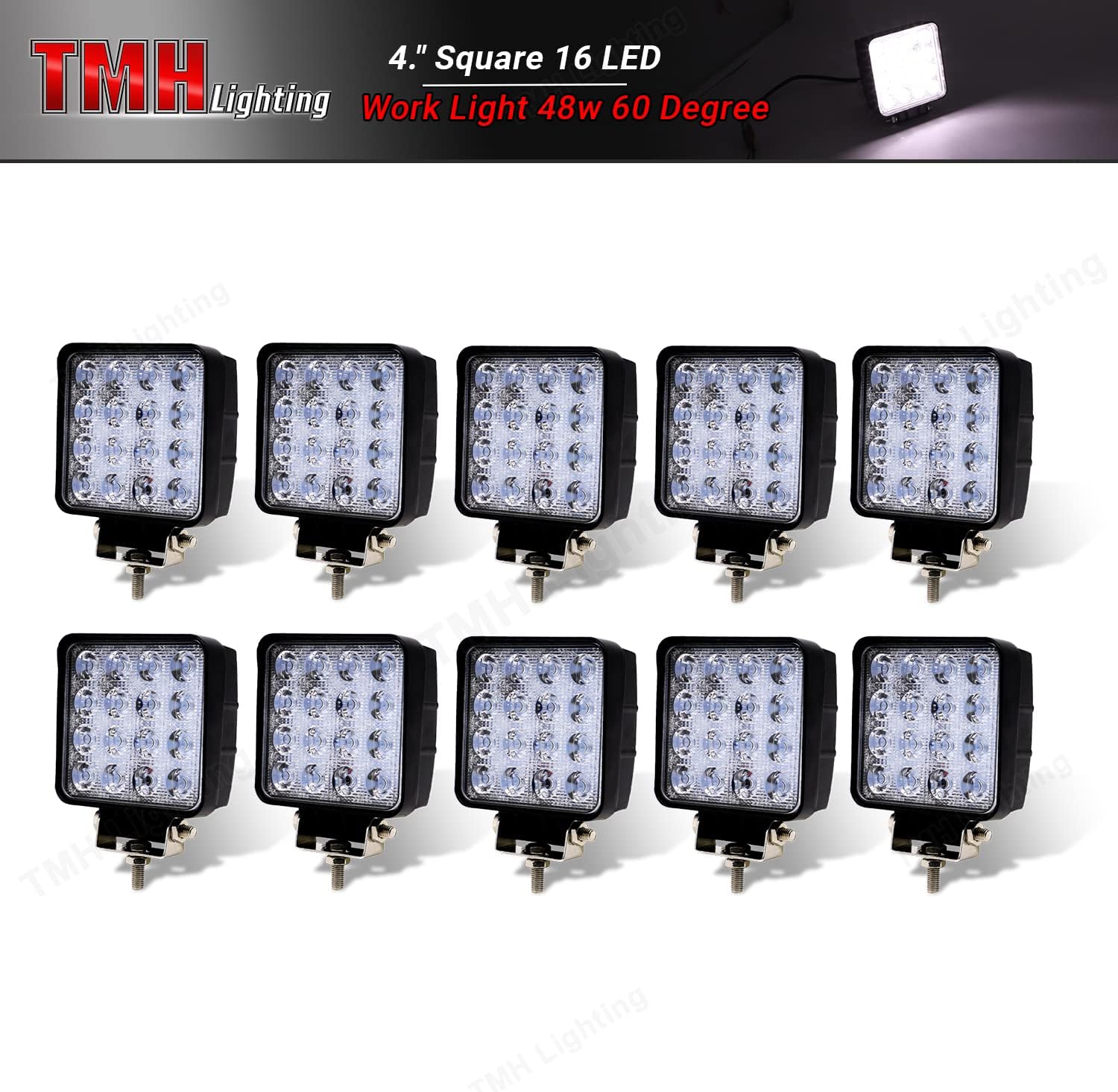 Paquete de 10 luces LED TMH de 48 W con forma cuadrada de 60 grados, luz de inundación, luz de conducción, ATV, todoterreno, 4wd, 4×4, Utv, Van,