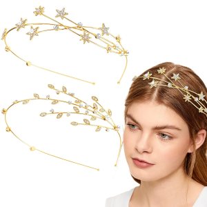 Aswewamt 2 diademas doradas de aleación de diamantes de imitación de cinco puntas con estrellas para novia, accesorio decorativo para el cabello, Aswewamt 2 diademas doradas de aleación de diamantes de imitación de cinco puntas con estrellas para novia, accesorio decorativo para el cabello,