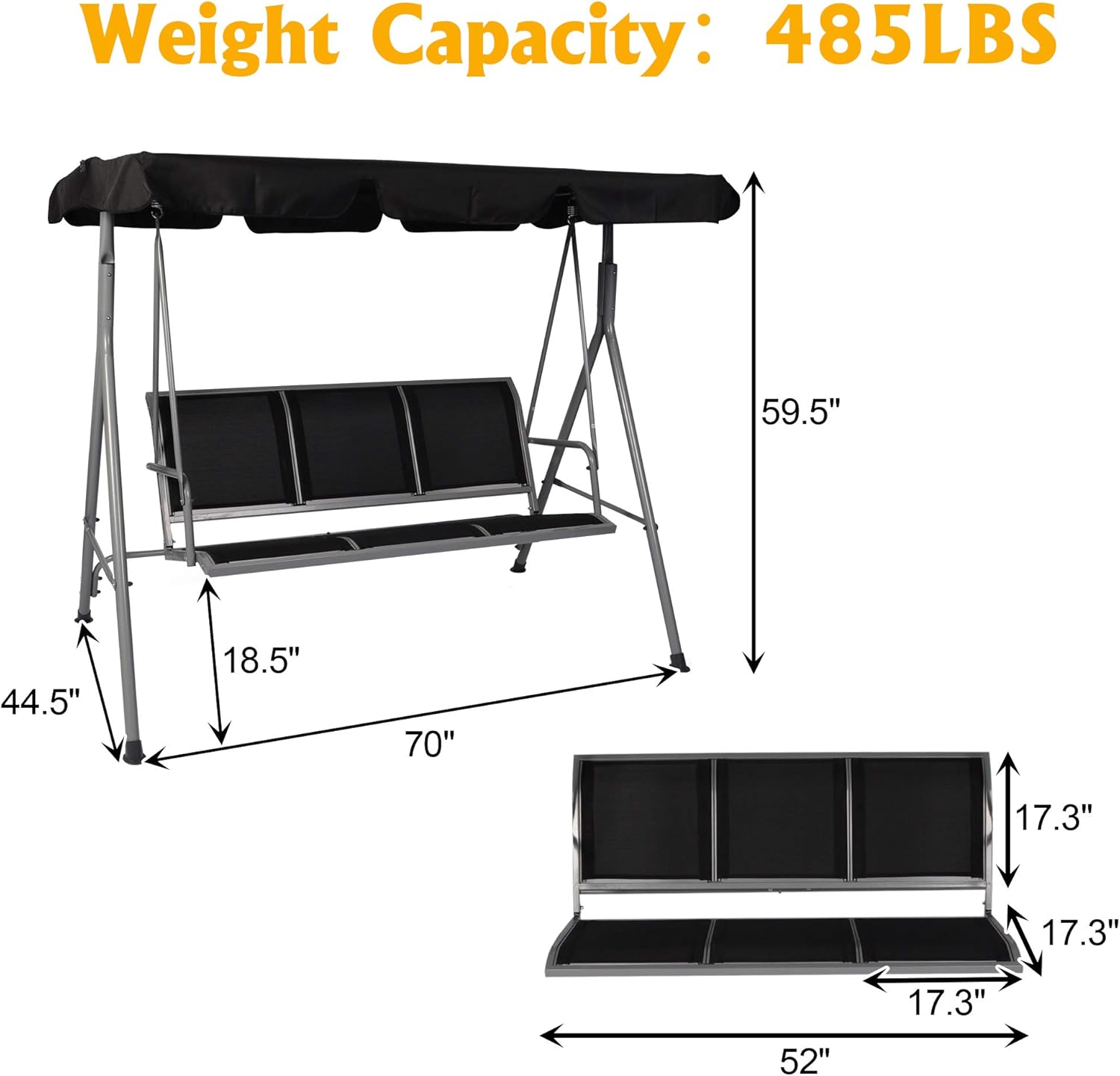 Columpio de patio para 3 personas con toldo convertible, marco resistente a la intemperie y asiento transpirable, cómodo banco de columpio al aire