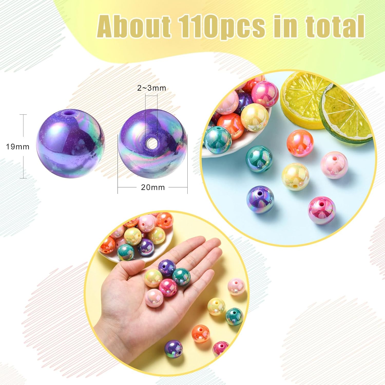 KitBeads 111 cuentas redondas redondas de goma de mascar de 0.787 pulgadas (0.787 in), cuentas acrílicas redondas AB coloridas para hacer joyas,