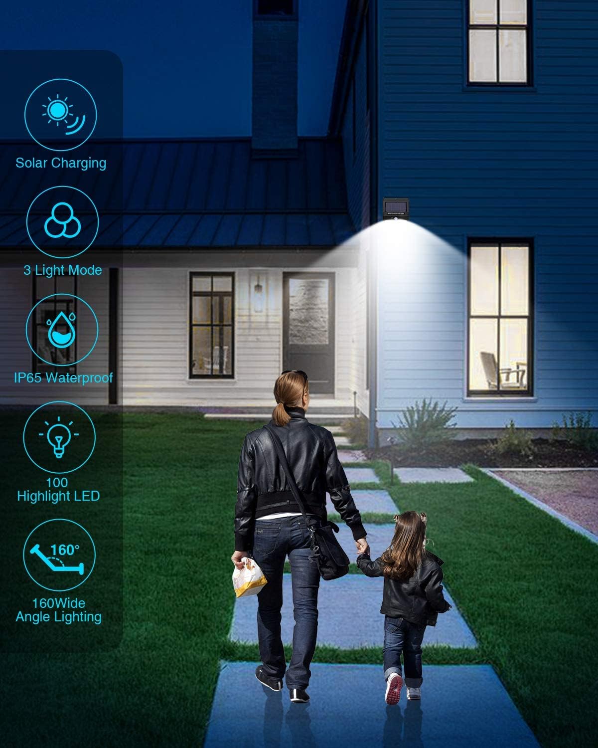Paquete de 2 luces solares de movimiento al aire libre, 3 modos100 luces LED de seguridad solares inalámbricas IP65 impermeables con sensor de