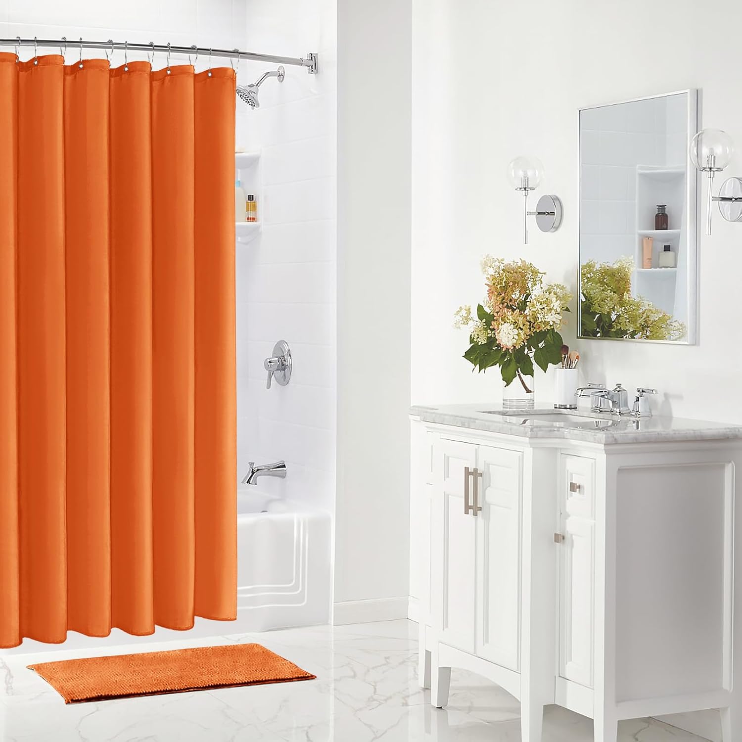 Gibelle Cortina de ducha de tela naranja, 72 x 72 pulgadas, forro de cortina de ducha impermeable para baño con ojales de metal y 12 ganchos de