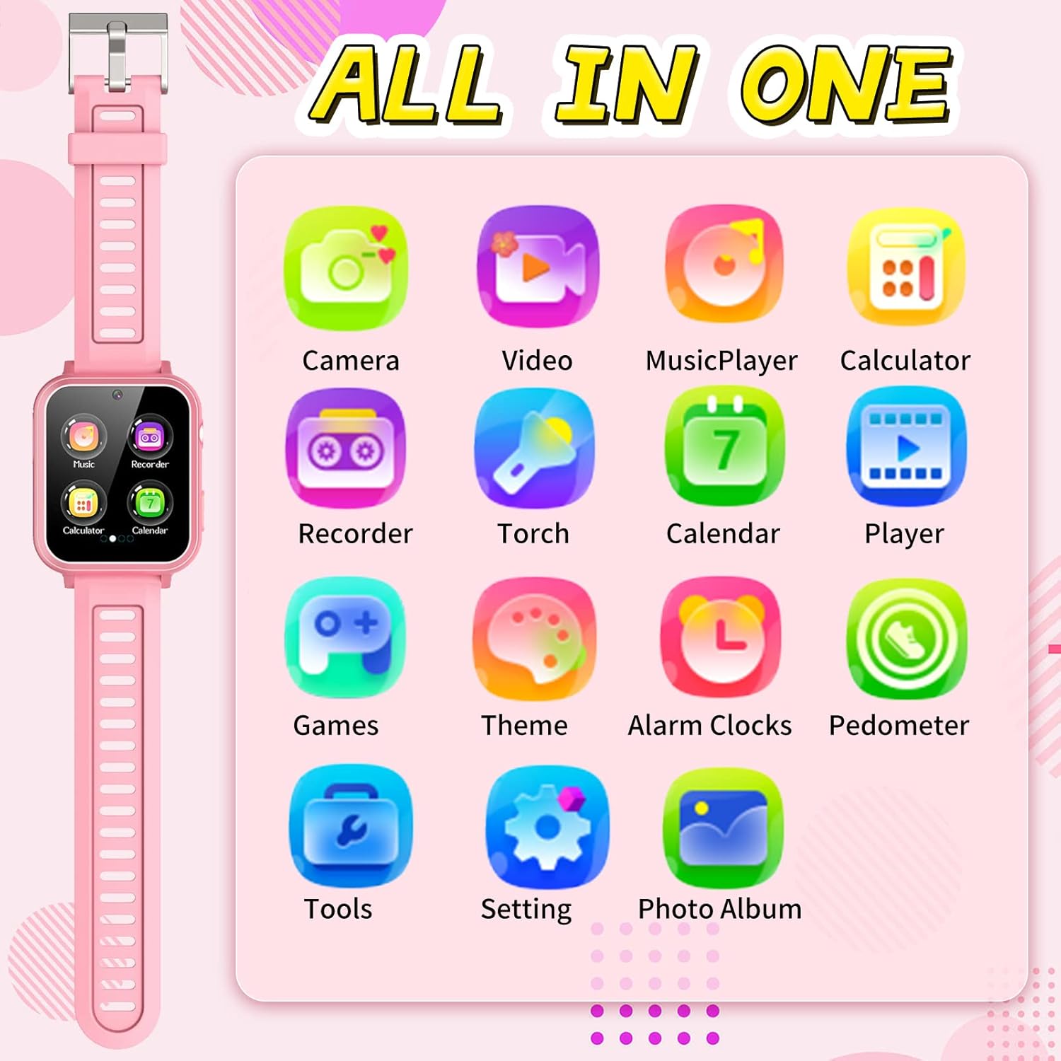 Reloj inteligente para niños y niñas, reloj inteligente para niños de 4 a 12 años con 24 juegos, cámara HD, reproductor de música, podómetro,