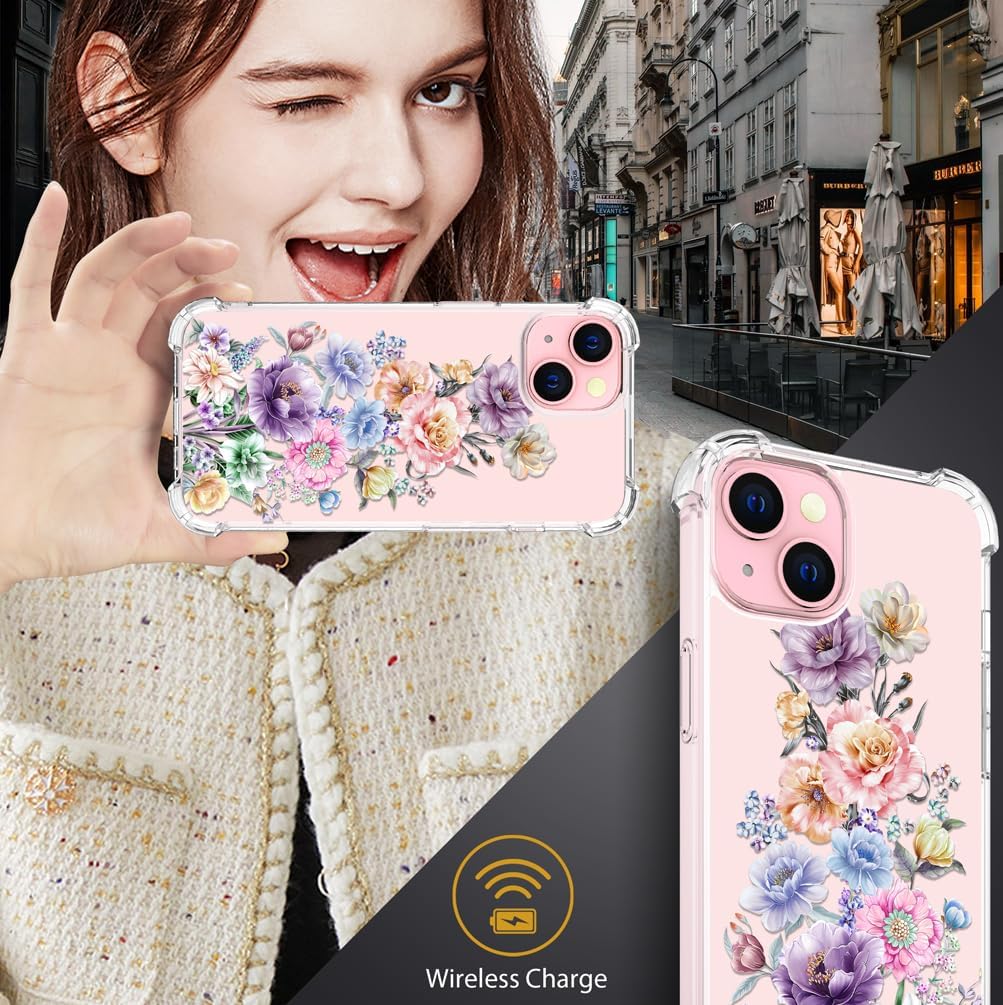 Funda compatible con iPhone 15, diseño floral lindo transparente para mujeres, niñas de diseñador, funda transparente de diseño floral, teléfono 15