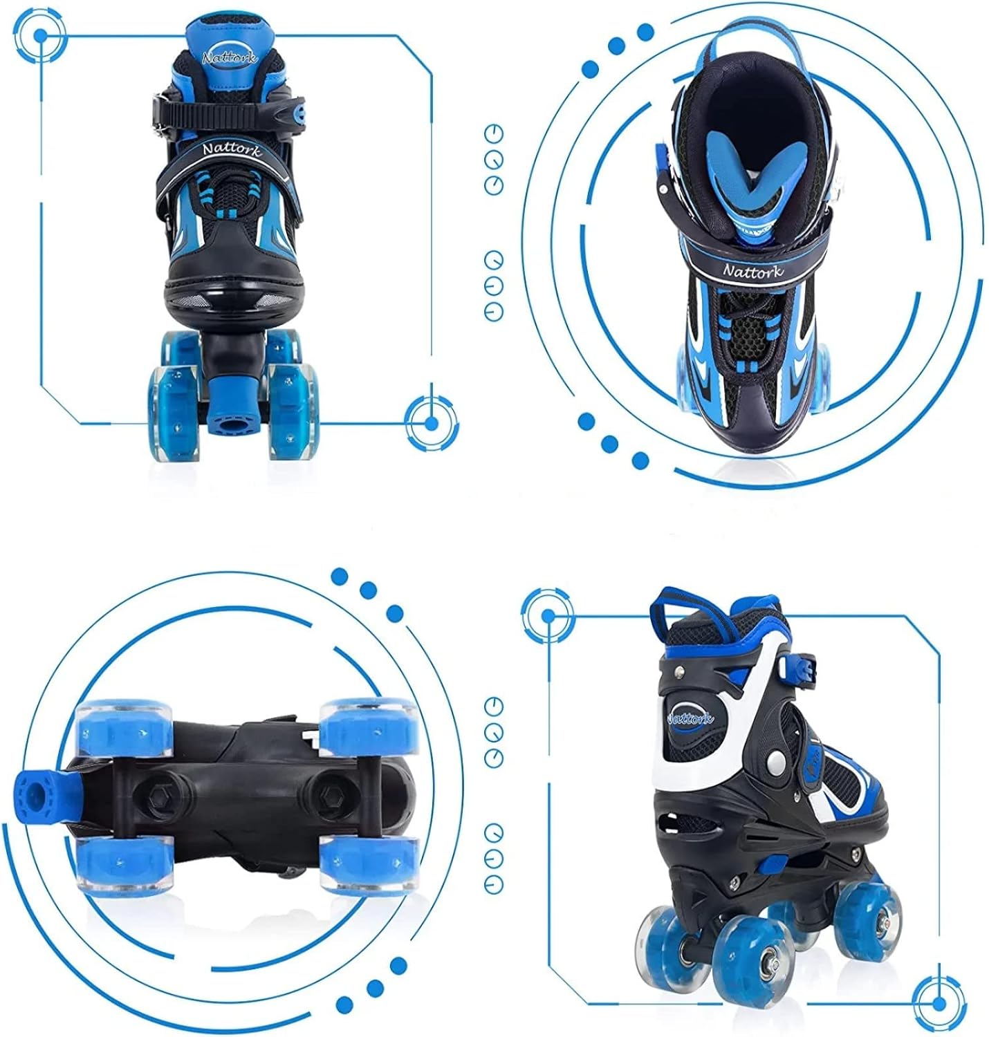 Nattork – Patines de ruedas para niños y niñas, 4 tamaños, patines ajustables con ruedas iluminadas, divertidos patines para niños pequeños,