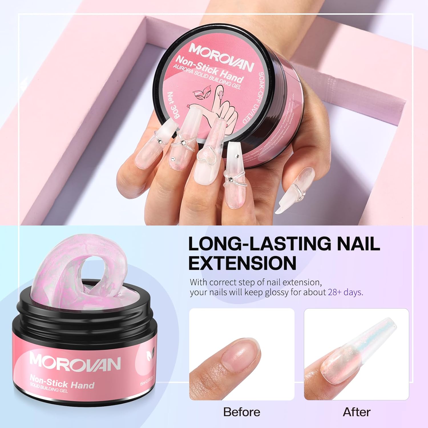 Morovan Gel constructor sólido para uñas 30ML Aurora Pink Pegamento de gel sólido para uñas no pegajoso Gel sólido para uñas Gel duro transparente