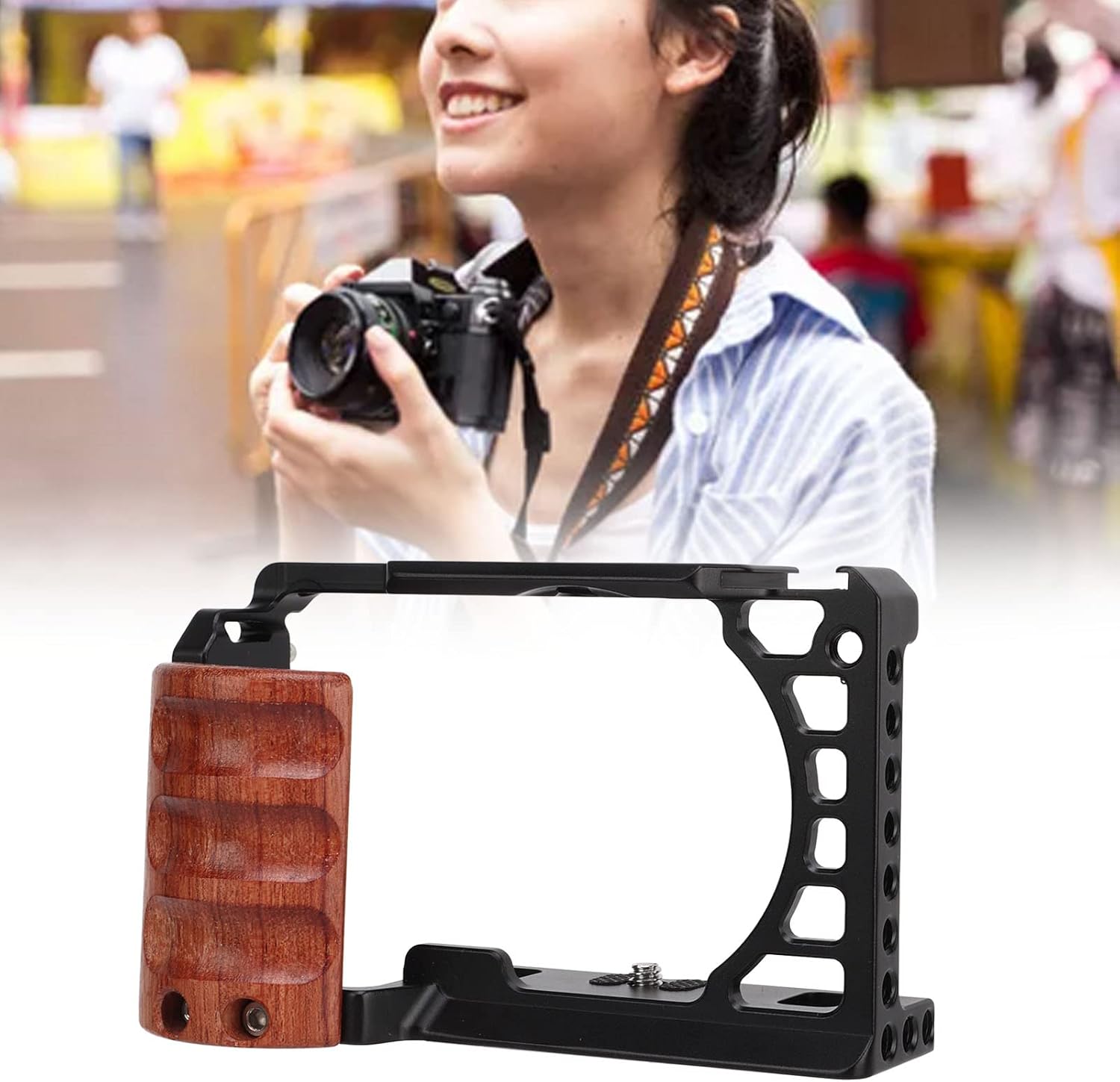 Jaula para Sony A6400 A6300 A6100 A6000, jaula de cámara de aleación de aluminio con mango de madera, jaula completa con zapata fría para agujero de