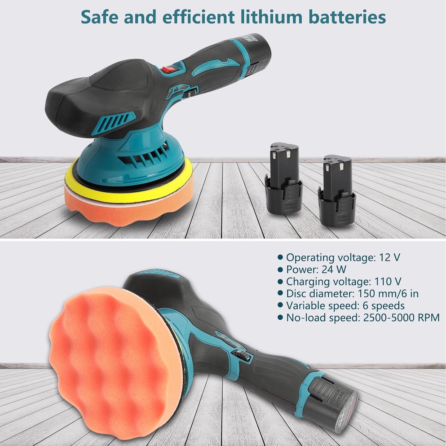 Pulidora inalámbrica para automóvil, máquina pulidora con 2 piezas de batería de 12 V con 6 velocidades variables, pulidor de doble acción con
