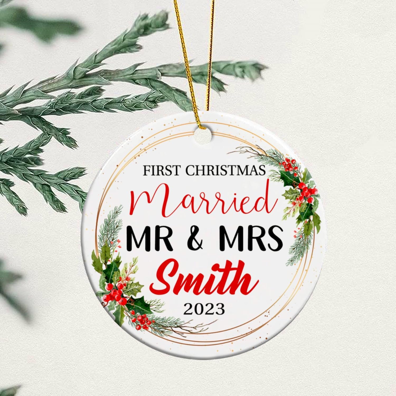 Adorno personalizado de cerámica para casados para la primera Navidad 2023, adorno de cerámica de Navidad personalizado para parejas recién casadas,