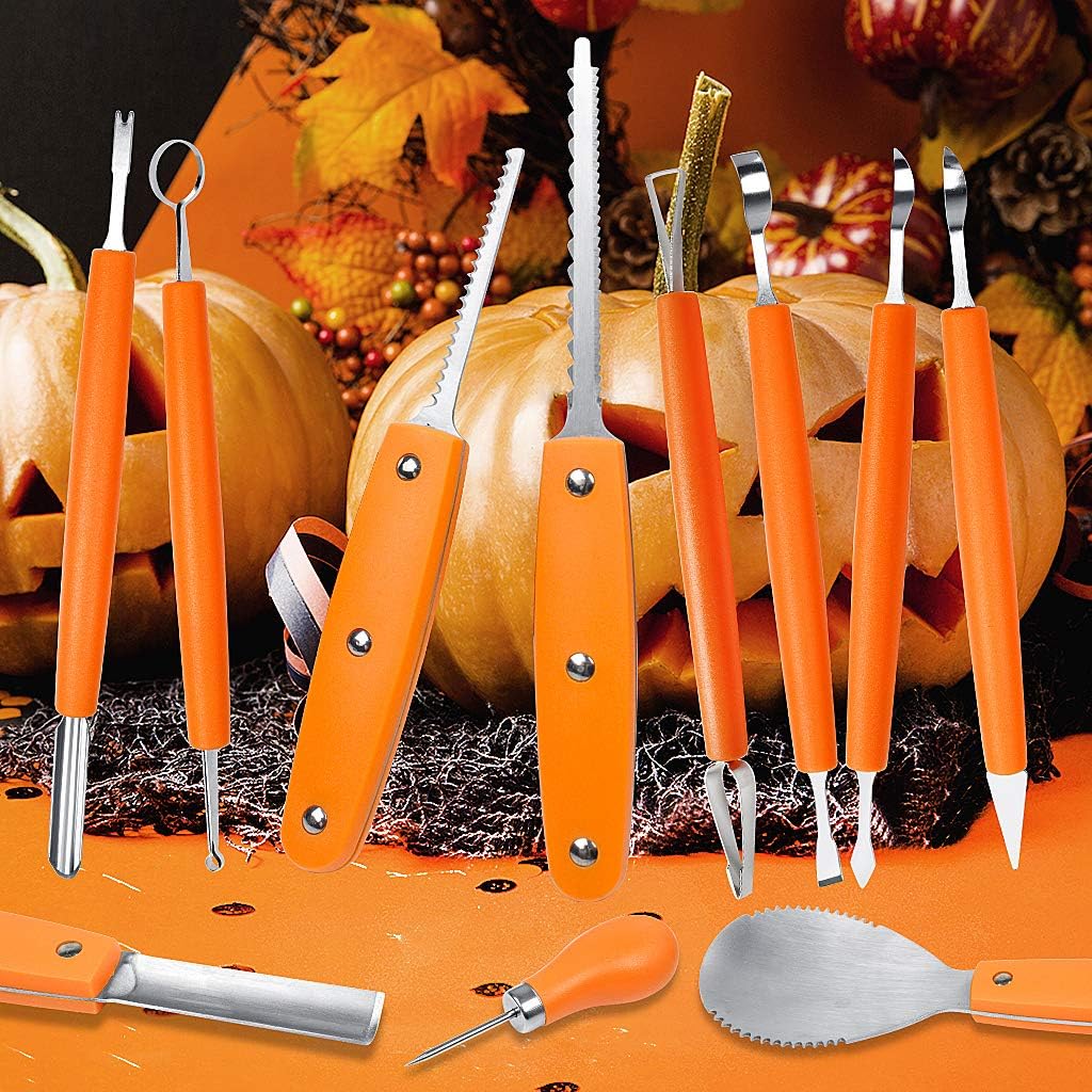 Kit profesional de tallado de calabaza, 11 piezas de herramientas de tallado de acero inoxidable resistentes para Halloween con estuche de