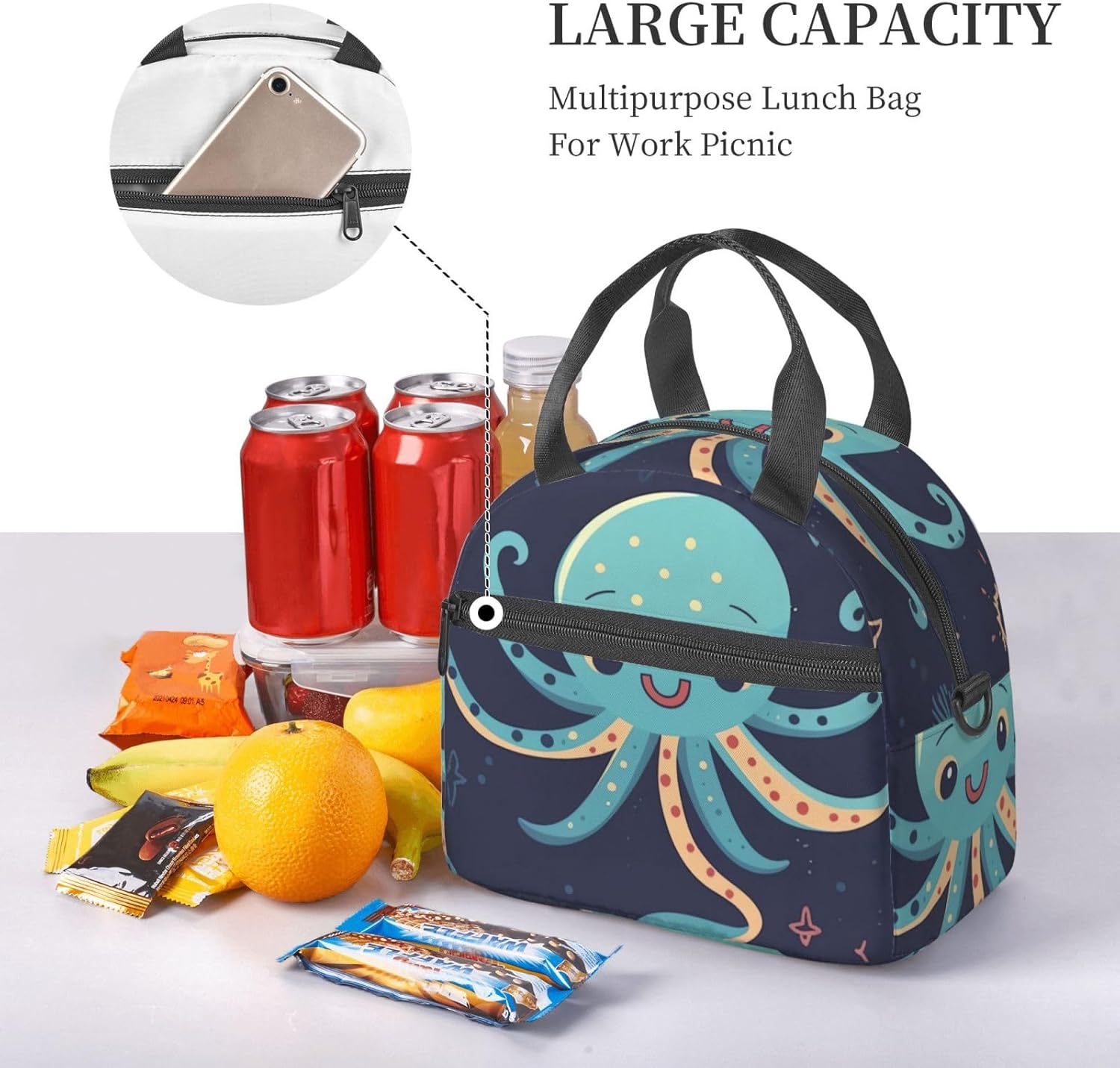 Bolsa de almuerzo de pulpo de dibujos animados para mujer, lonchera aislante, bolsa de almuerzo impermeable