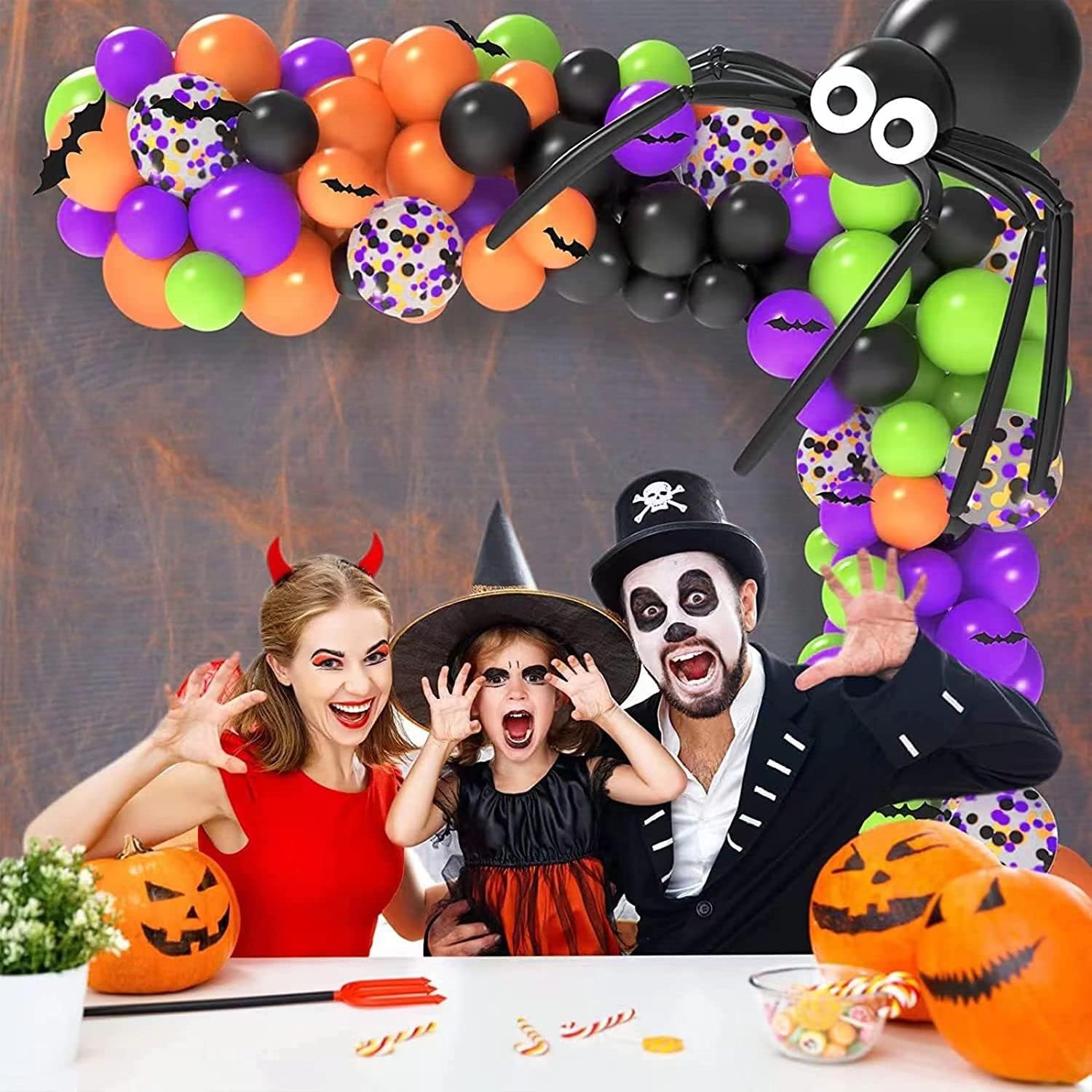Kit de guirnalda de arco de globos de Halloween, 120 globos naranja, negro, verde, morado con murciélago de araña, globo de 12 pulgadas, 10