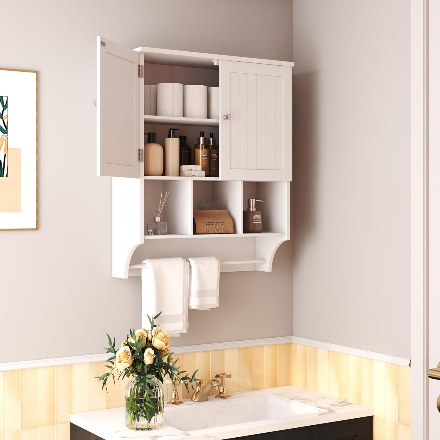 HOMEFORT Armario de pared de baño, botiquines sobre el inodoro con barra de toallas, estantes ajustables de 2 puertas, gran espacio para baño,