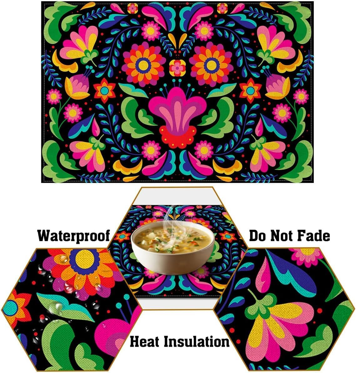 Nepnuser Juego de 4 manteles individuales mexicanos florales para decoración de fiesta del Cinco de Mayo, manteles individuales para decoración del