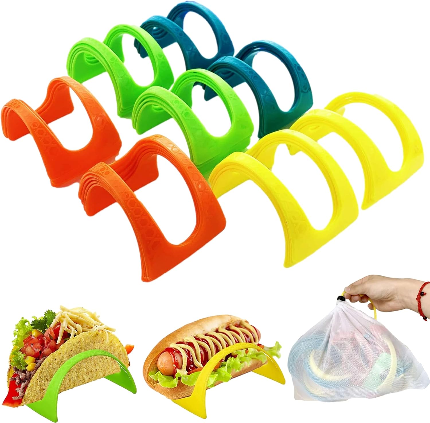 AOUXSEEM Paquete de 32 soportes para tacos con bolsa de almacenamiento, plástico no tóxico, sin BPA, colorido fondo plano, bandeja para tacos,