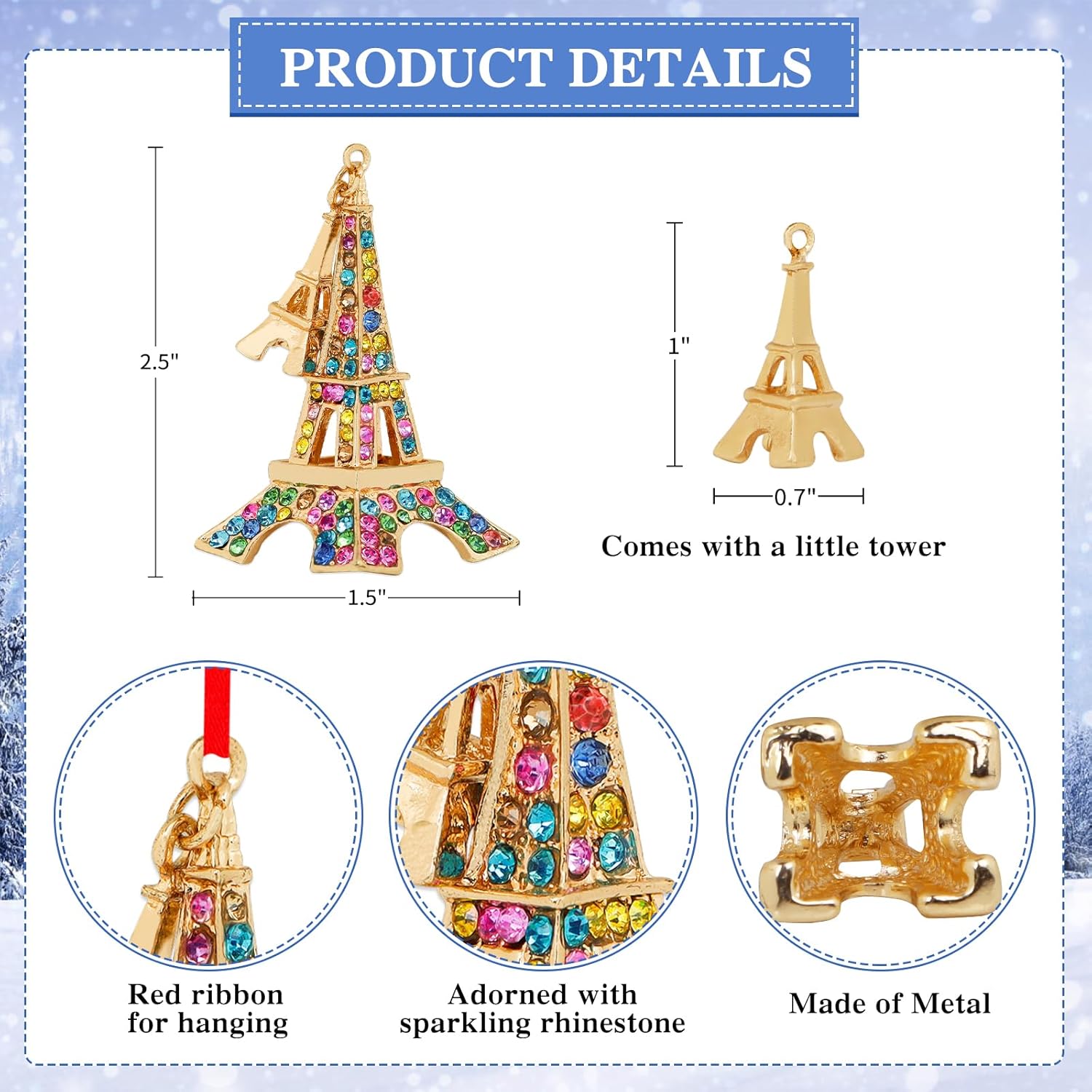 PETCEE Adornos de Navidad de la Torre Eiffel 2023, adornos de metal de la Torre Eiffel de París para árbol de Navidad, decoración romántica de la
