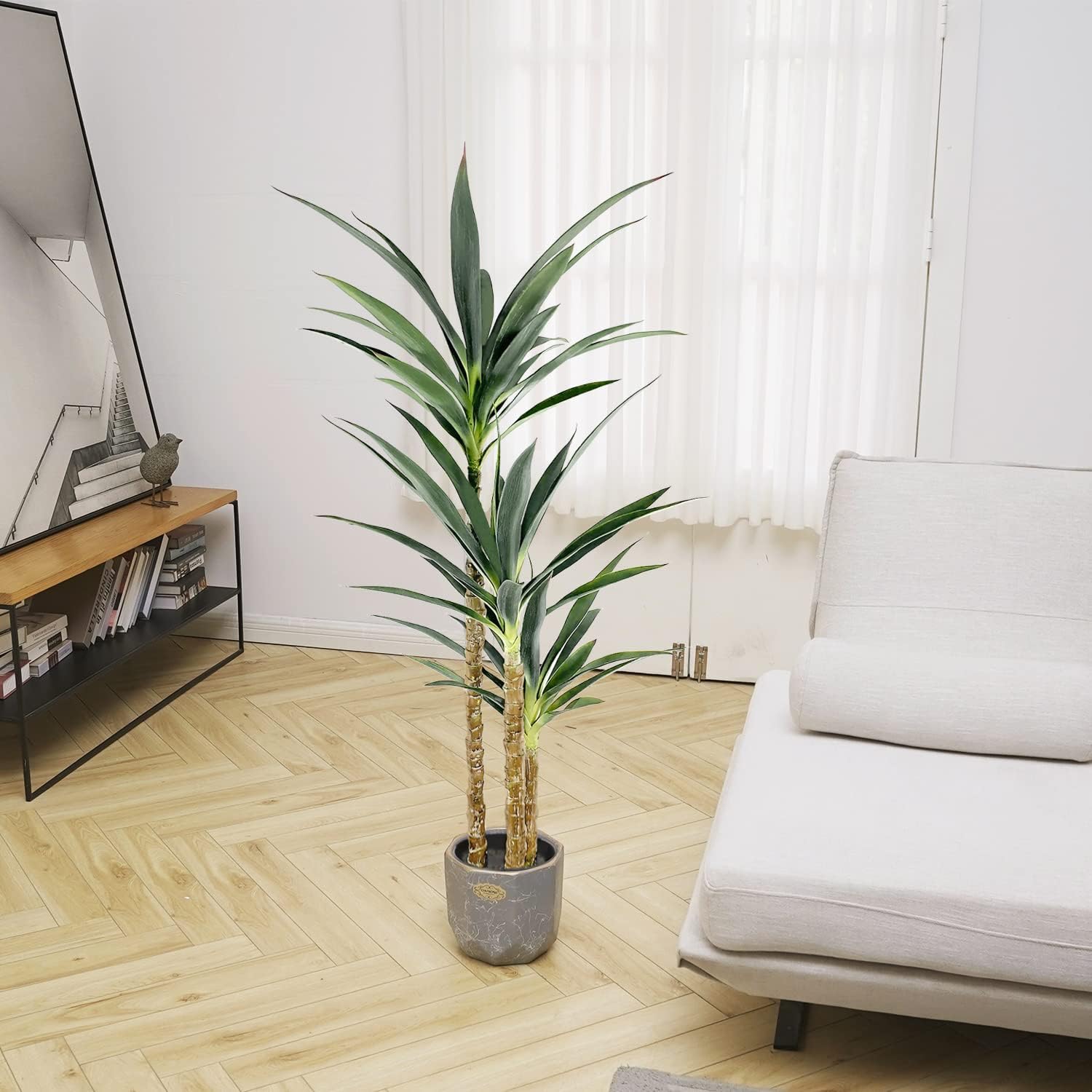 Árbol artificial de agave artificial de 4.7 pies con 3 cabezas en maceta de plástico, árbol falso para decoración del hogar, decoración de oficina