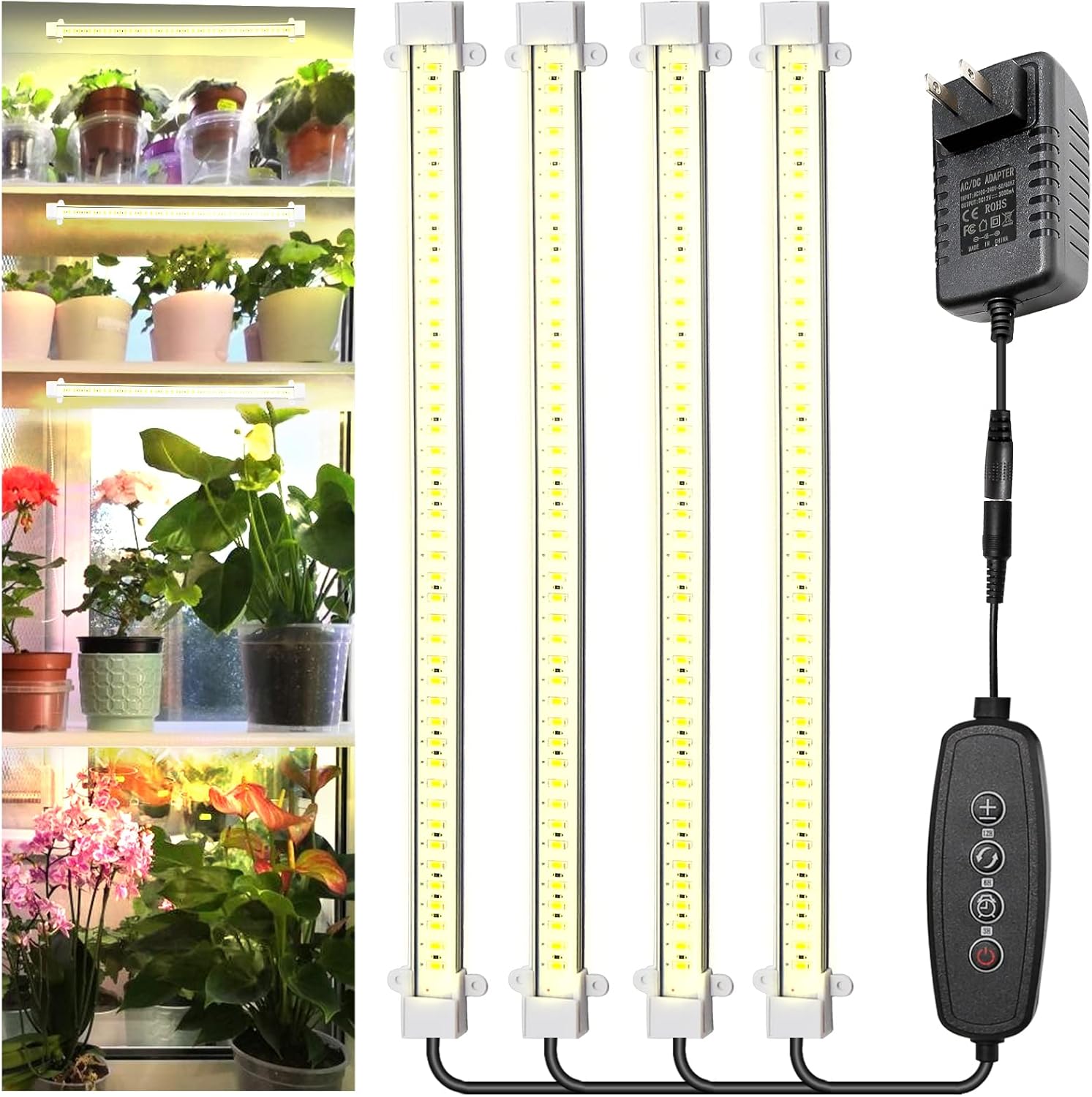 Paquete de 4 luces de cultivo para plantas de interior, tiras de luz LED DC12V, 432 luces LED de espectro completo con temporizador automático de