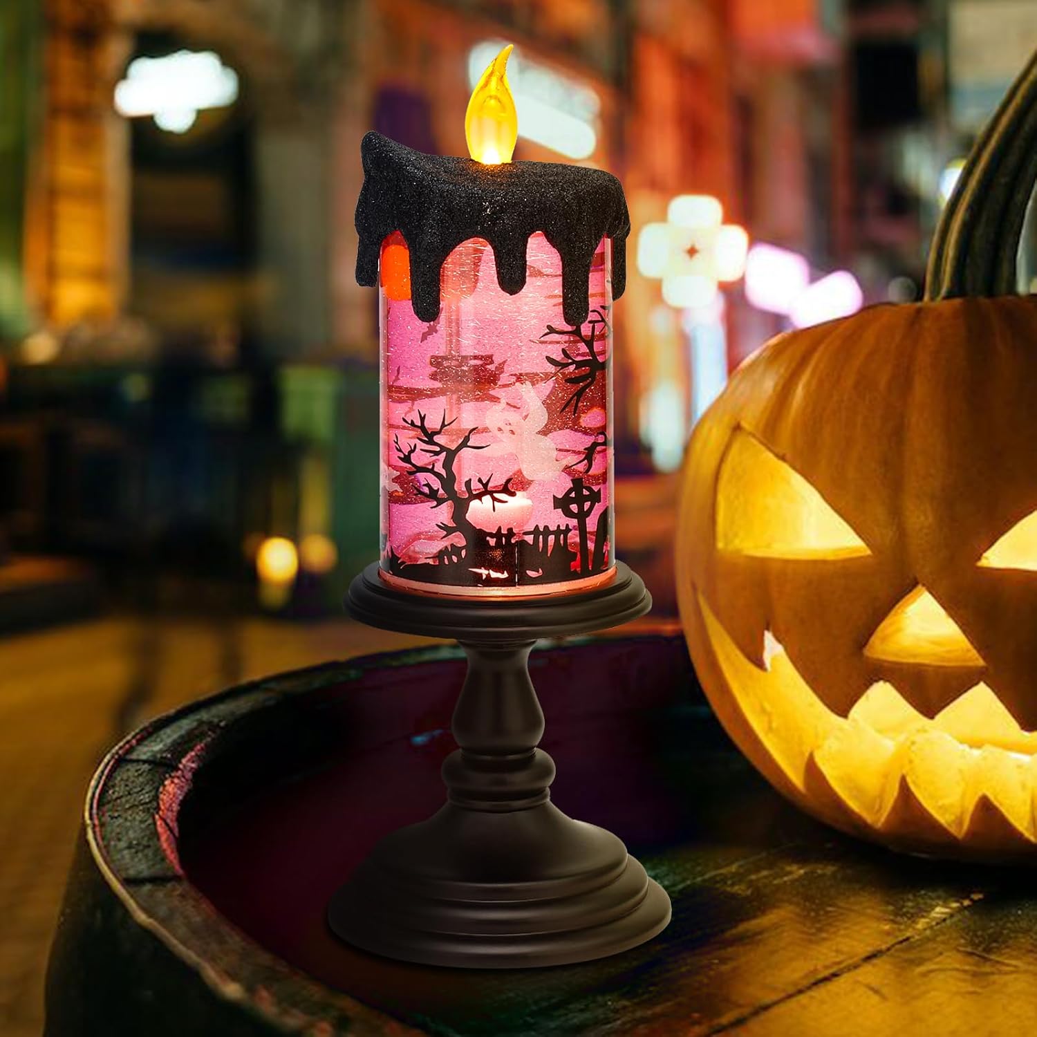 Lámpara iluminada de globo de nieve de Halloween, velas sin llama iluminadas con remolinos de purpurina de agua y movimiento espeluznante, funciona