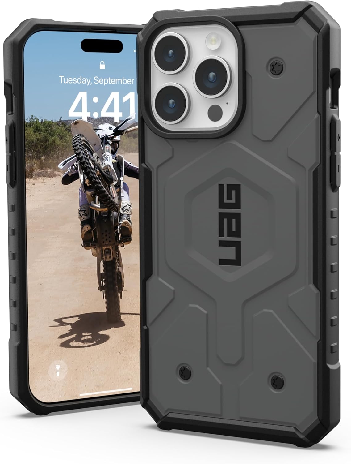 URBAN ARMOR GEAR UAG – Funda compatible con iPhone 15 Pro Max de 6.7 pulgadas, Pathfinder plateado con imán integrado compatible con carga MagSafe,