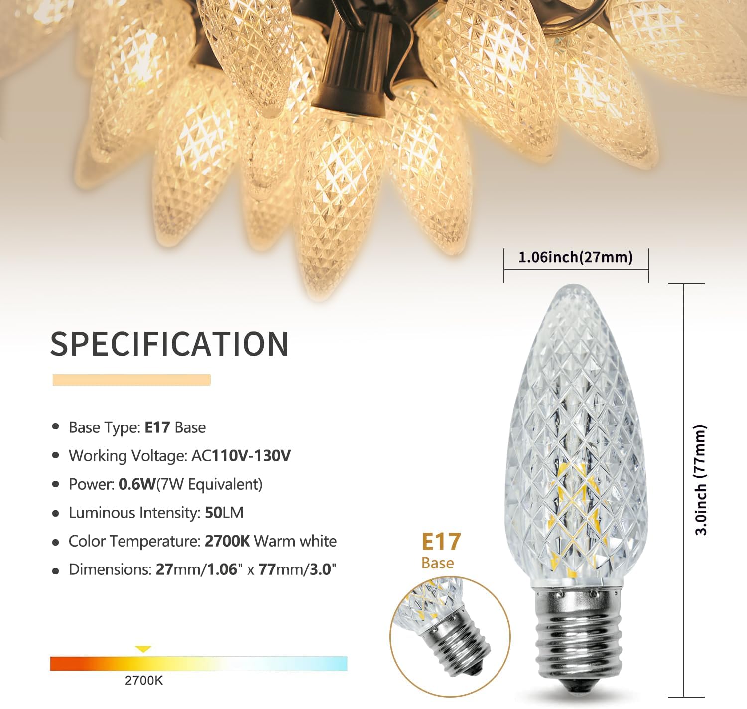Paquete de 25 bombillas LED de repuesto de luces de Navidad C9, bombillas LED C9 de plástico inastillables e impermeables para tiras de luces al
