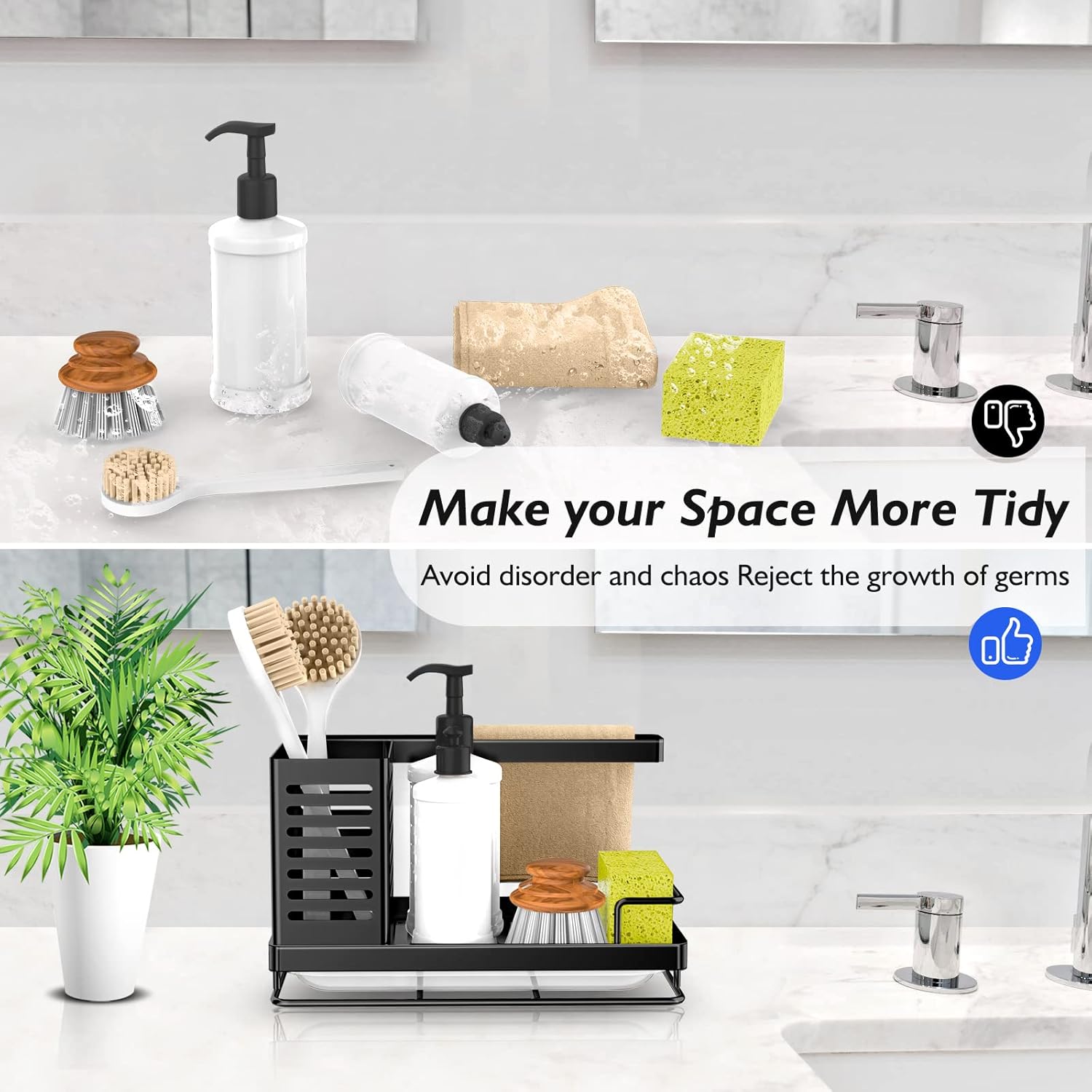 Sink Caddy, Kitchen Sink Organizer, Sponge Holder Stainless Steel Kitchen Caddy for Kitchen Sink with Removable Drain Pan Storage for Soap, Sponge,