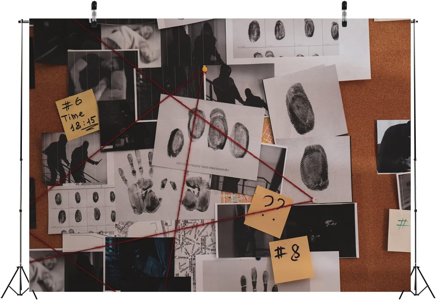 CORFOTO Telón de fondo de tela de 5 x 3 pies con tema de espía de detective, suministros de juegos, decoraciones de fiesta de cumpleaños, pistas de