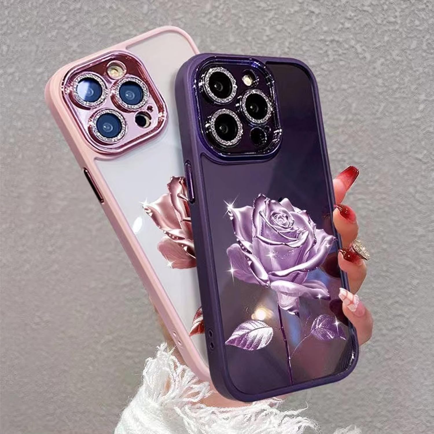 Changjia Funda transparente para iPhone 15 Pro Max, diseño floral con purpurina brillante y protector de lente de cámara, TPU a prueba de golpes,