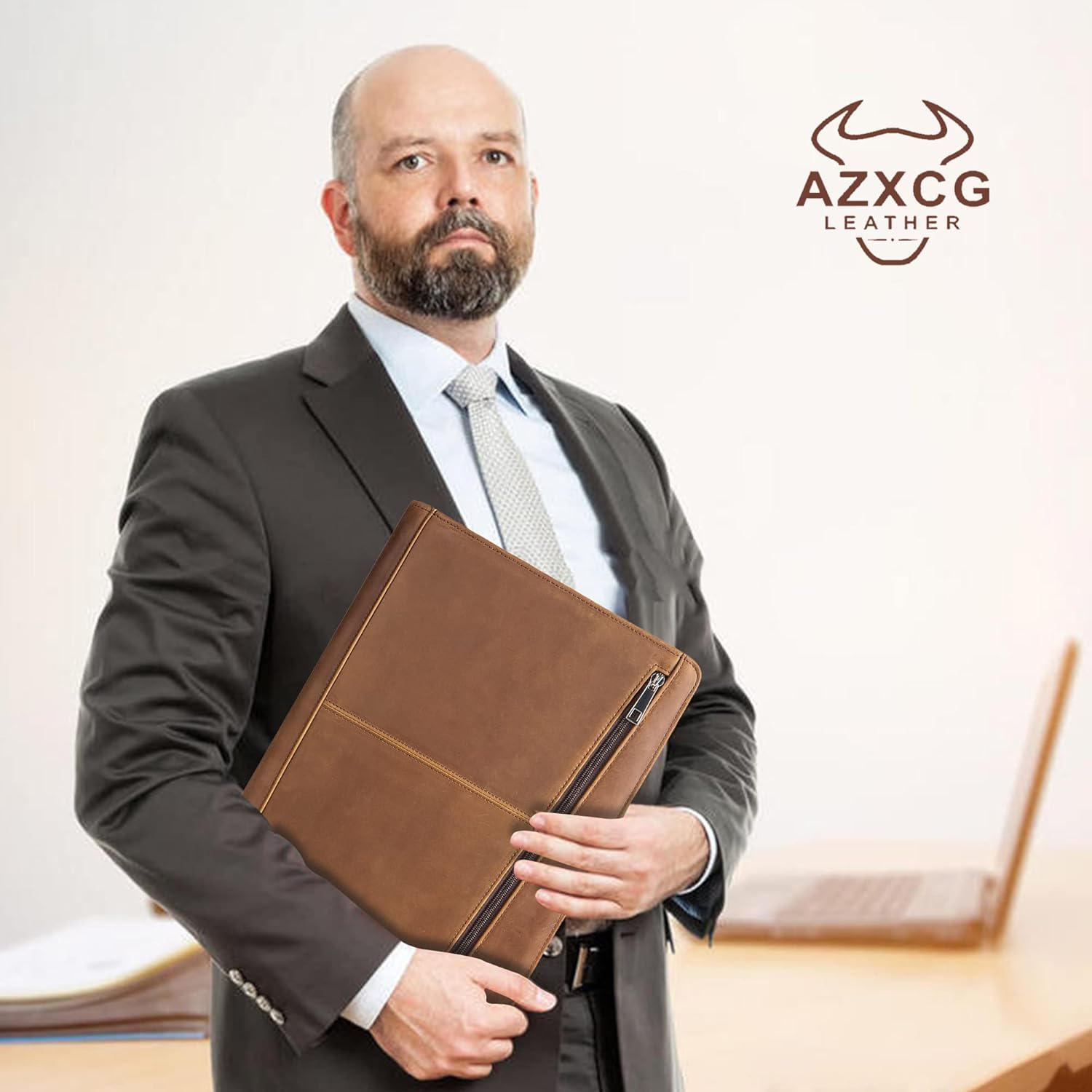 AZXCG Portafolio organizador de cuero para hombres, folio profesional con soporte para bloc de notas A4Legal, cartera con cremallera para currículum