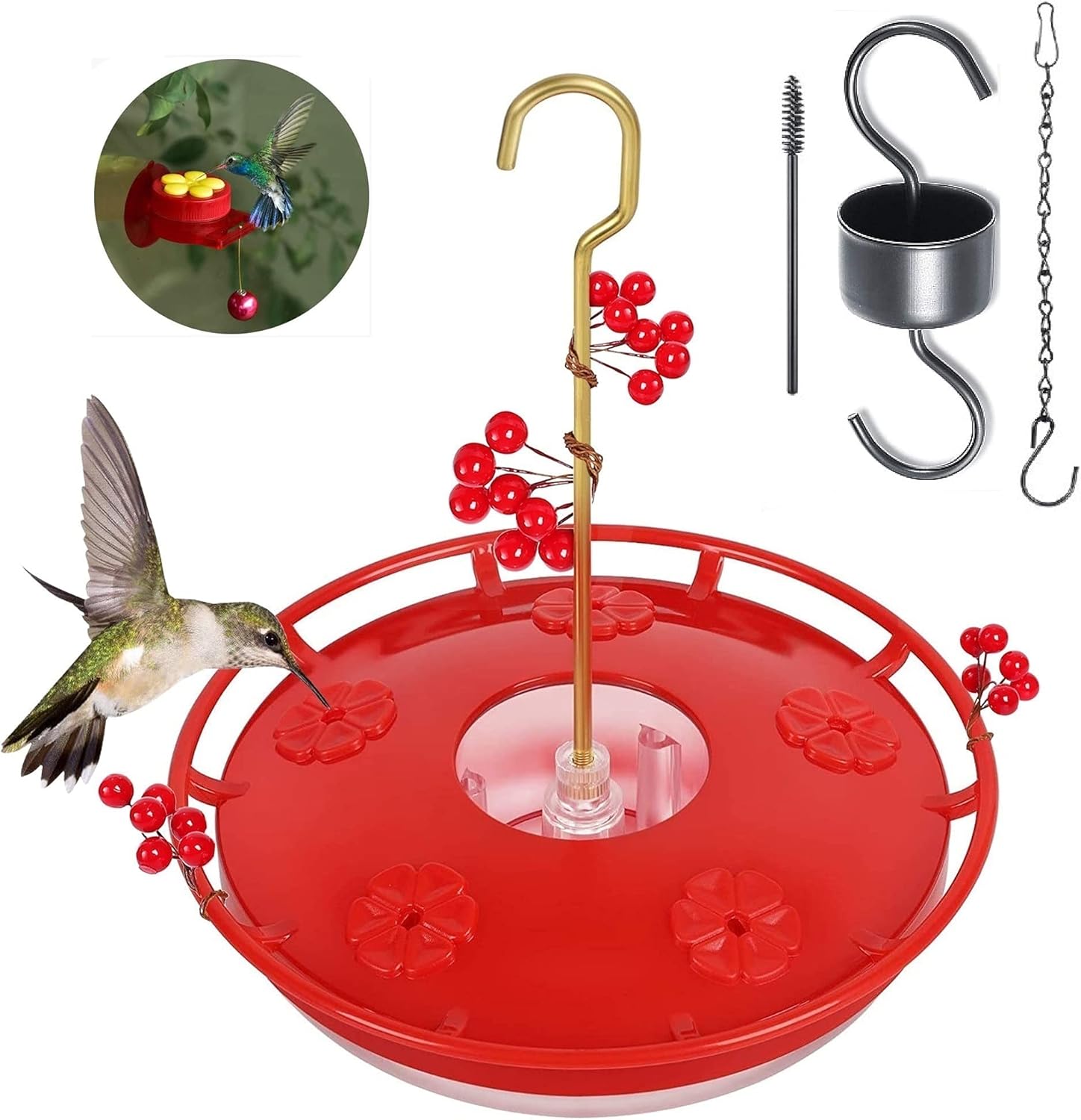 Comedero para colibríes a prueba de abejas con protector de foso de hormigas, comedero rojo para colibríes para colgar al aire libre, sin fugas,