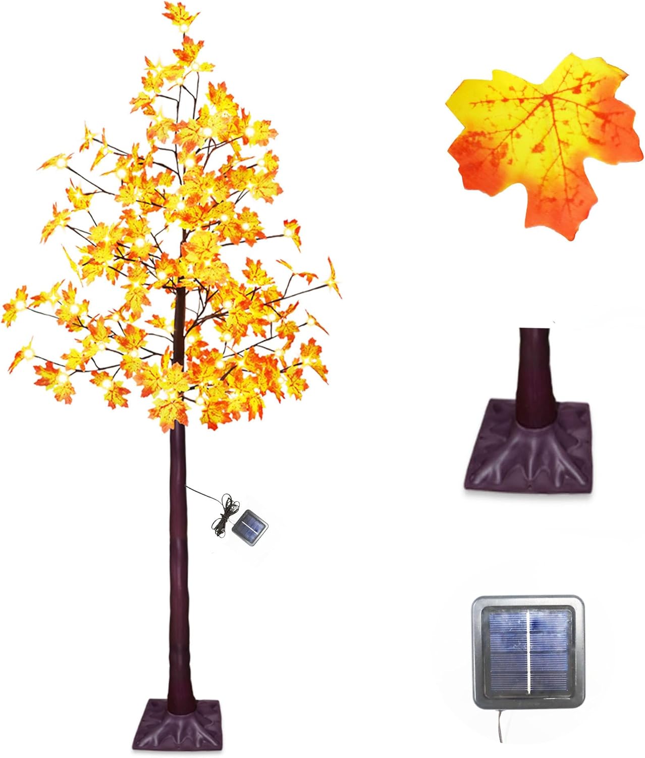 Árbol de arce artificial solar de 6 pies con 120 luces LED blancas cálidas preiluminadas, decoración de árbol de otoño con modos de iluminación