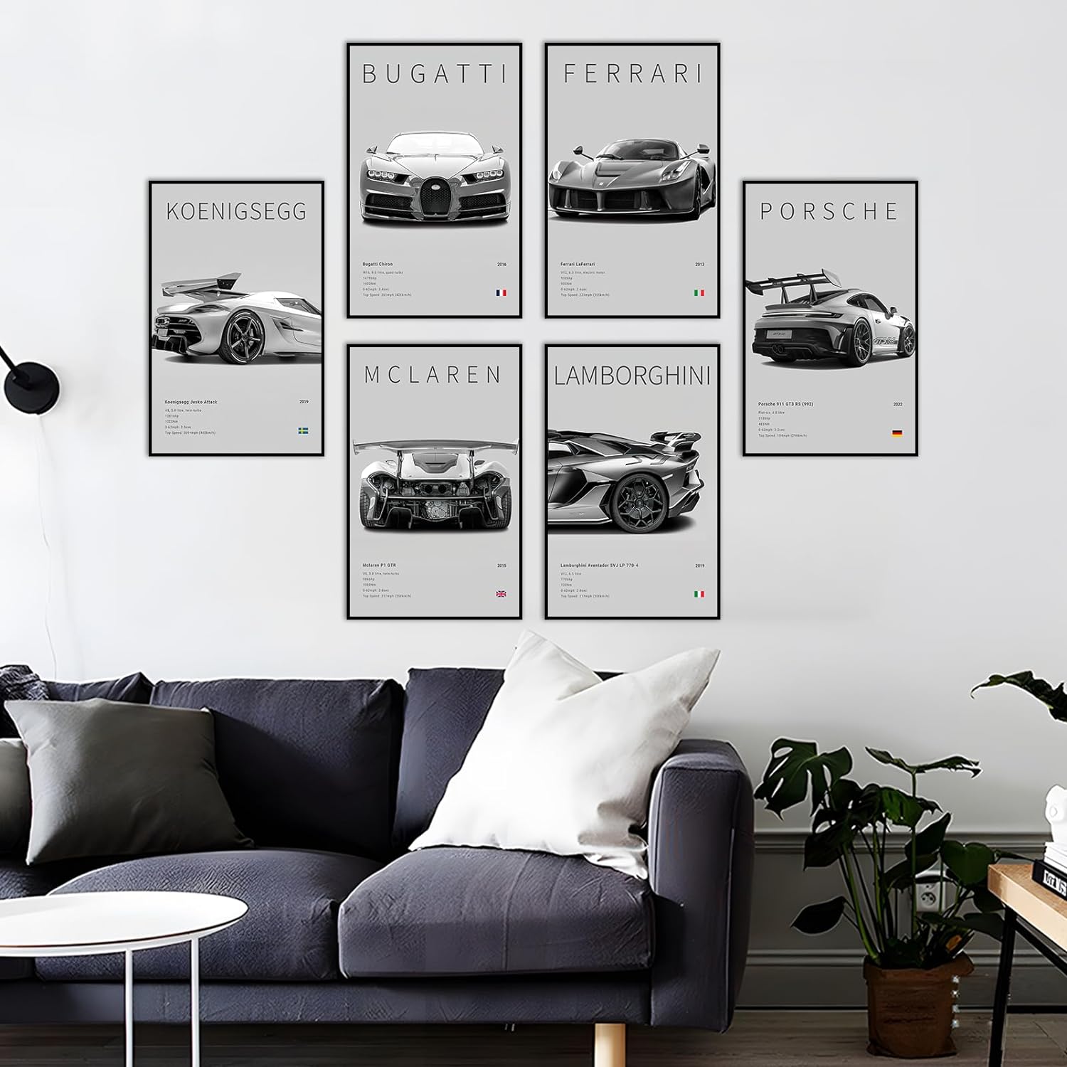Póster de automóvil en lienzo para pared, juego de impresiones clásicas modernas de superauto, 911 Ferrari Lamborghini McLaren Bugatti Koenigsegg
