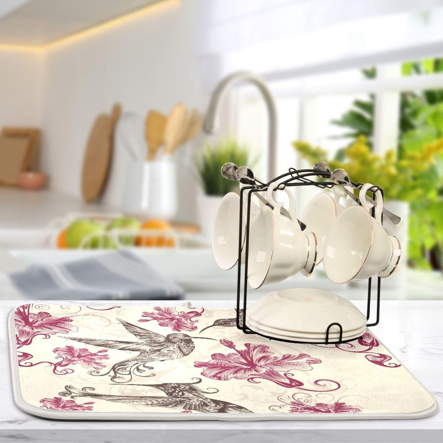 Tapete de secado de platos de flores de colibríes, tapete de café, resistente al calor, tapete absorbente de secado mate para encimera de cocina