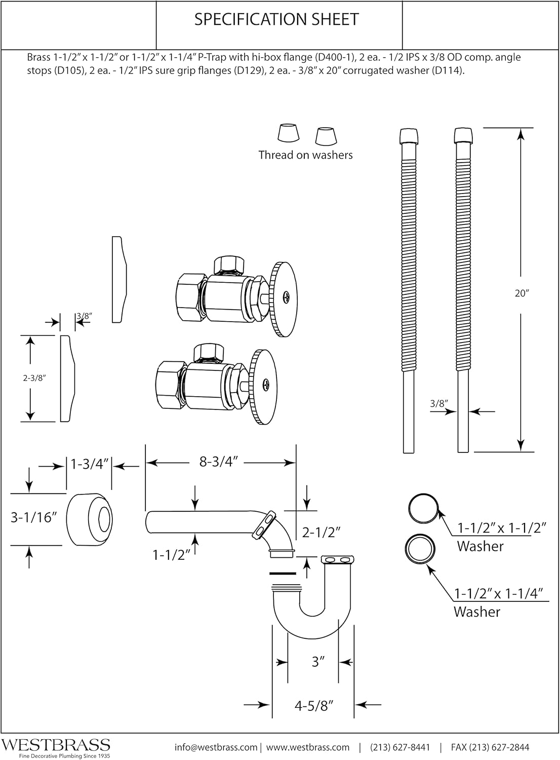 Westbrass A1538L-12 Kit de línea de suministro para lavabo de pedestal con trampa P y tope angular de mango redondo, bronce aceitado
