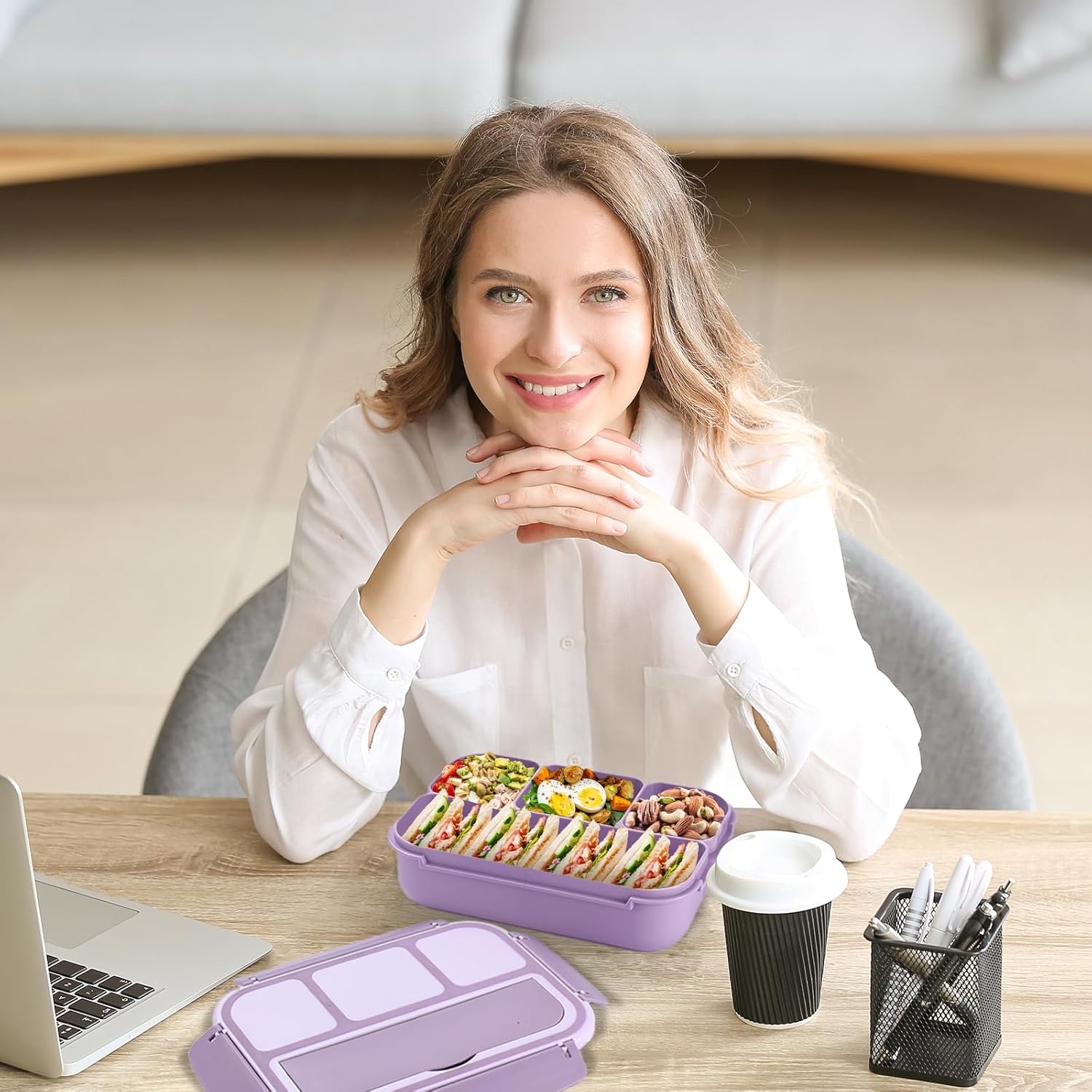 Bento Box – Lonchera para adultos, recipientes para niños y niñas con 4 compartimentos, contenedor de alimentos con utensilios, tarro de salsa,