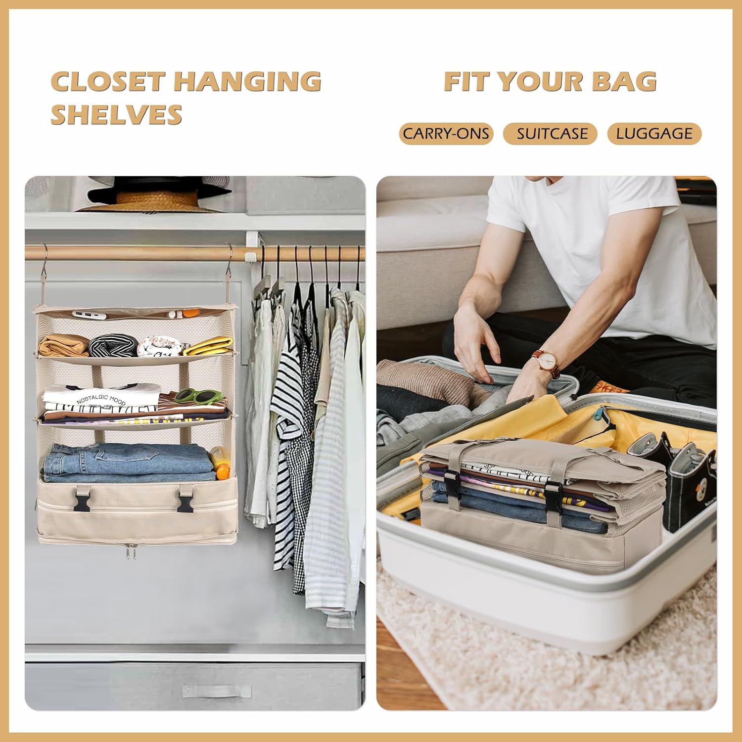 Surblue Bolsa de almacenamiento plegable para armario, 3 estantes, tela Oxford lavable con 2 ganchos (XL 17.71 x 11.81 x 20 pulgadas, beige)