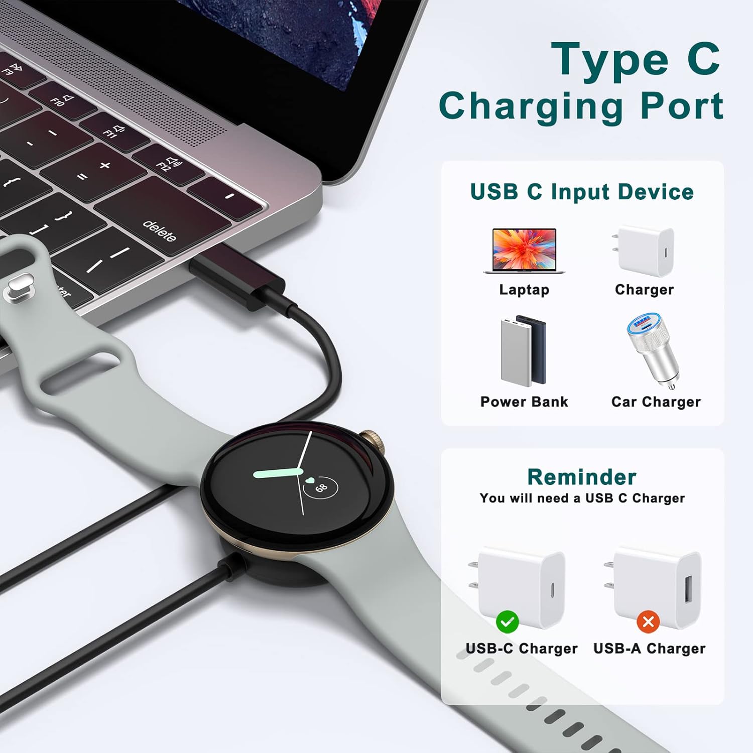 Meliya Cable de carga para cargador de Google Pixel Watch, cargador rápido magnético de repuesto USB tipo C compatible con el cable de carga de