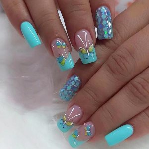 Uñas postizas medianas a presión tipo ataúd, uñas postizas cuadradas con punta francesa, color azul, verde, diseño de mariposa, uñas artificiales Uñas postizas medianas a presión tipo ataúd, uñas postizas cuadradas con punta francesa, color azul, verde, diseño de mariposa, uñas artificiales