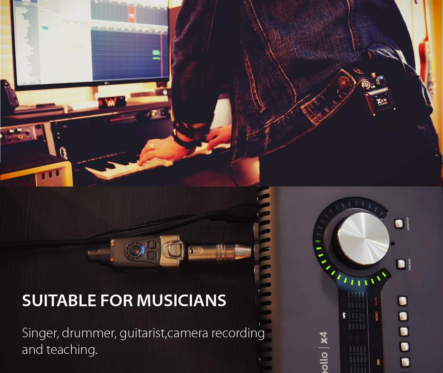 Xvive U4R2 Sistema de monitor inalámbrico intrauditivo transmisor y 2 receptores personales IEM para estudio, ensayo de banda, actuación en vivo