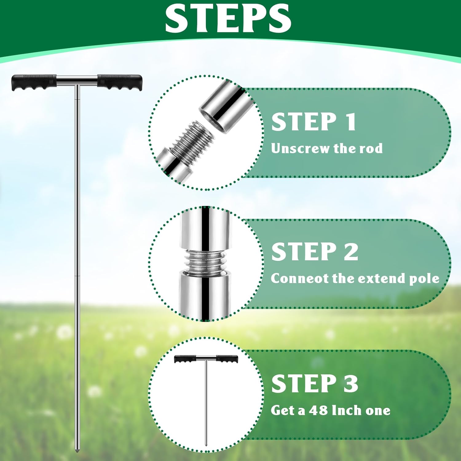 Zonon 2 piezas de sonda de acero inoxidable para tierra de 32 a 48 pulgadas, herramienta localizadora de tanque séptico ajustable, varilla de sonda