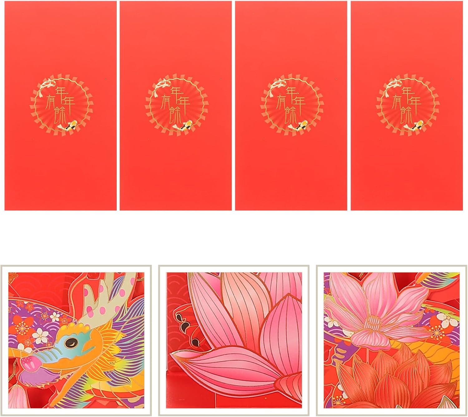 Vaguelly Sobres rojos de año nuevo 3D 2024, 4 unidades, loto chino, carácter, año del dragón, Fengshui, Fortuna, sobre Hong Bao Lucky Money Red